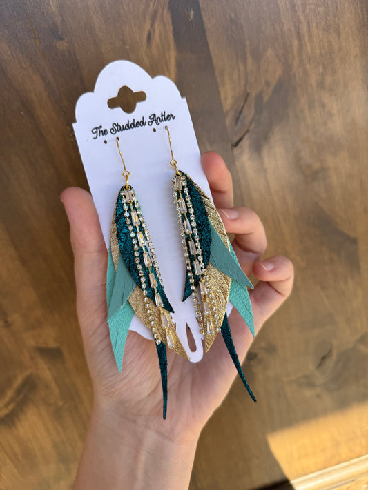 Aqua Blue, Dark Teal and Gold Genuine Leather Fringe Feather Earrings