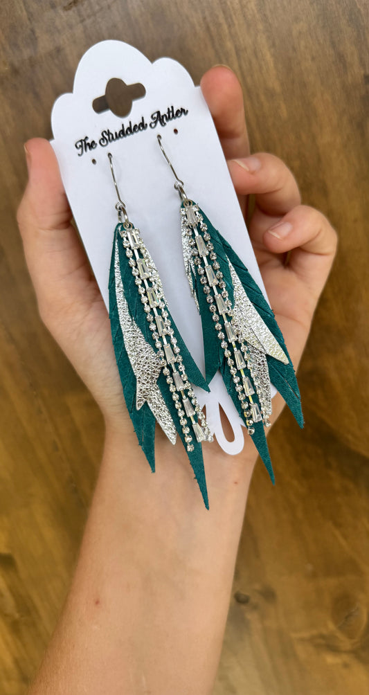 Dark Blue Teal and Silver Handmade Hypoallergenic Leather feather Earrings
