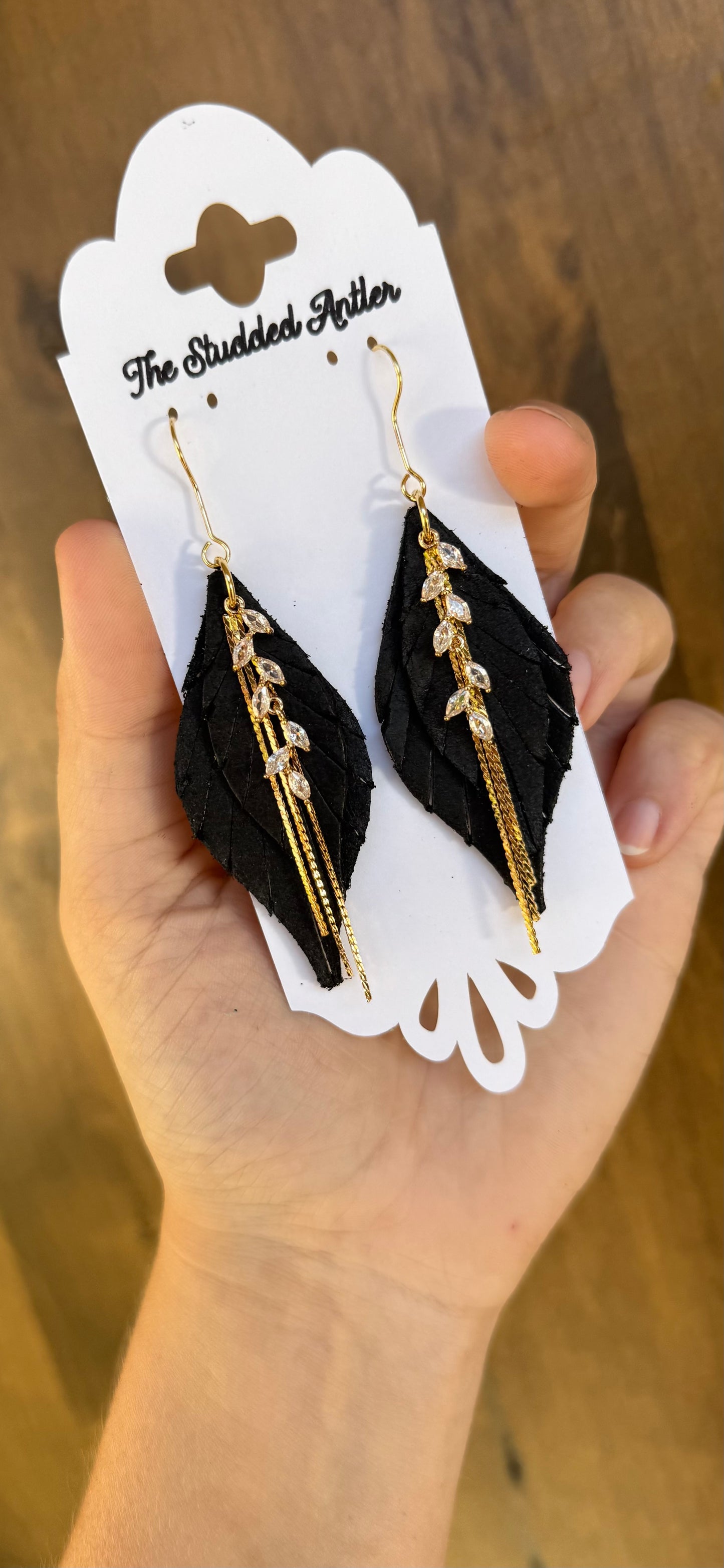 Black leather earrings with gold rhinestone and chain - Handmade Hypoallergenic Leather Earrings