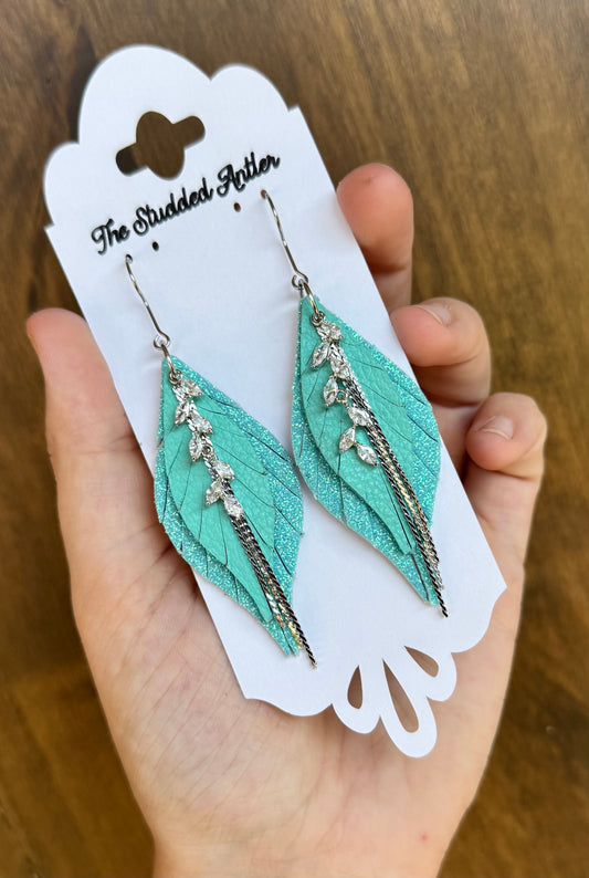 Aqua Blue Glitter leather with silver rhinestone and chain - Handmade Hypoallergenic Leather Earrings - Mini teardrop