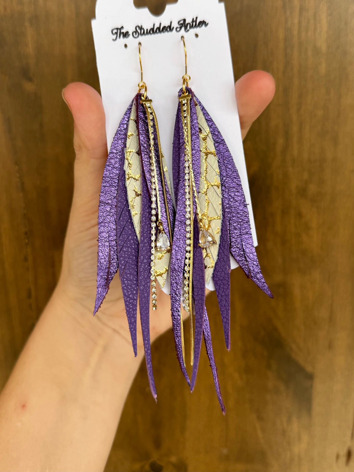 Purple and Gold Handmade Hypoallergenic Leather Earrings with Gold Rhinestone Tassels