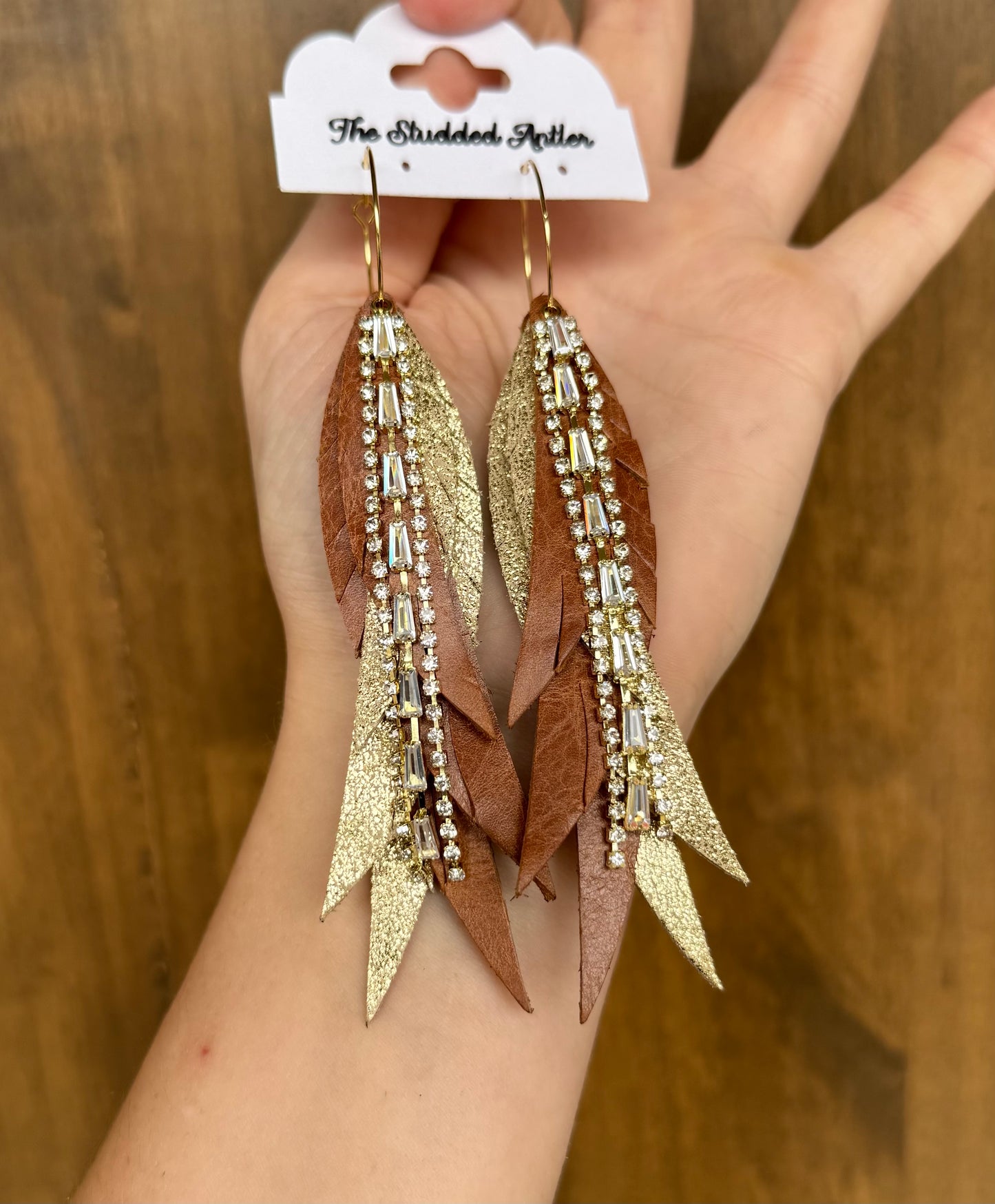 Light Brown and Gold Handmade Hypoallergenic Leather Earrings with Gold Rhinestone Tassels