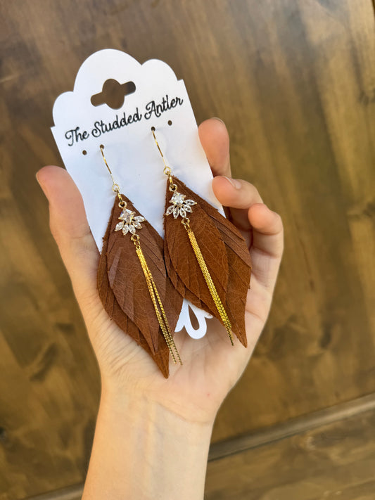 Leather Feather Earrings - Light brown and Gold Earrings - Women's Western rhinestone Earrings