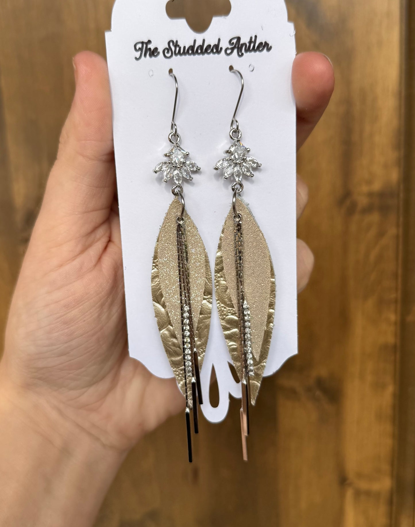 Champagne Sparkle Handmade Hypoallergenic Leather Earrings with Silver Bar Dangles