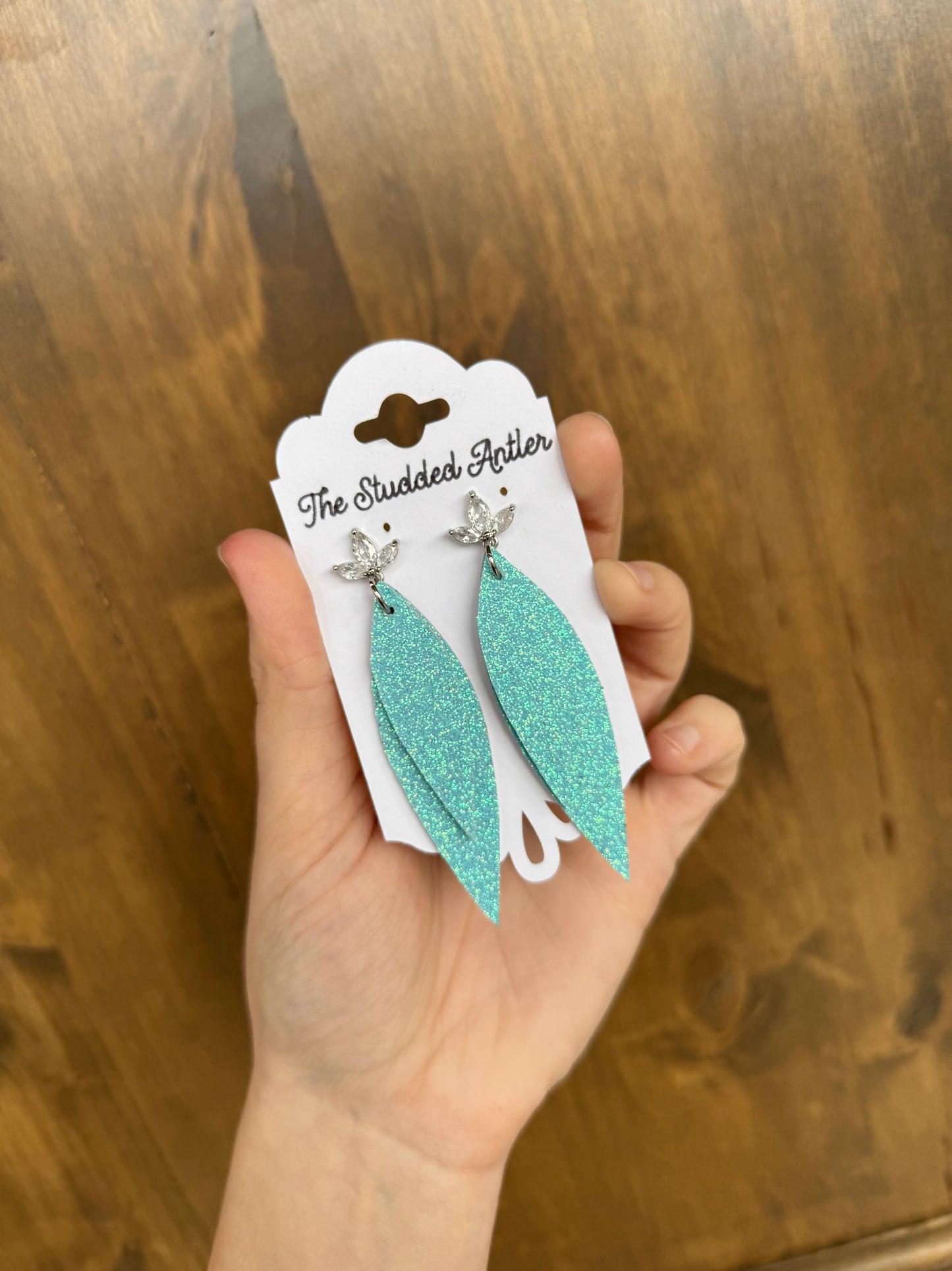 Teardrop Genuine Leather Earrings - Aqua Blue Glitter