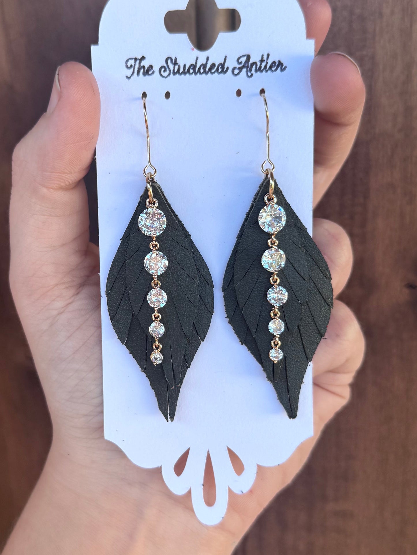 Handmade Hypoallergenic Dark Olive Green Leather Earrings with Gold Plated Brass Rhinestone Dangles