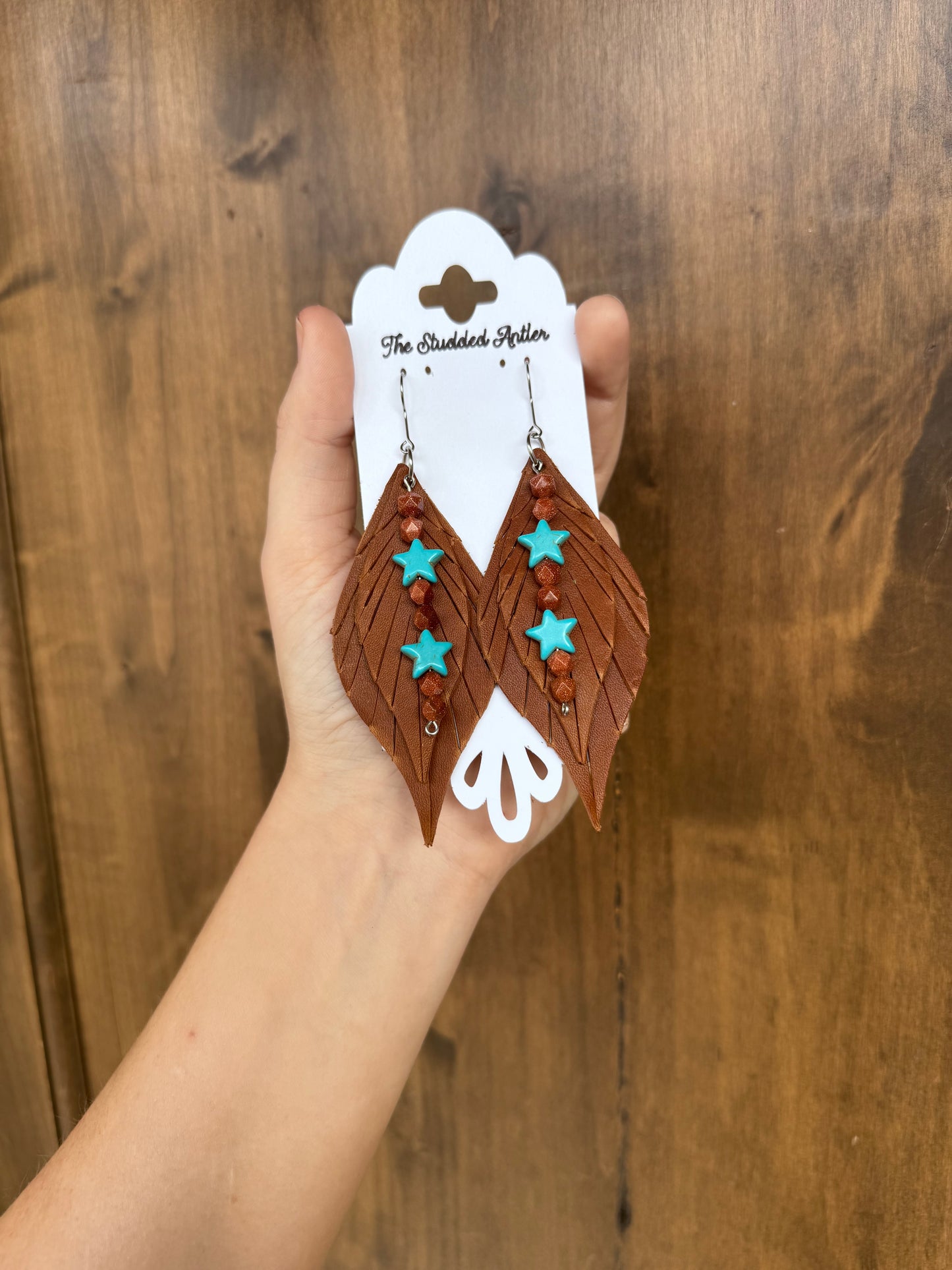 Brown Handmade Hypoallergenic Leather Earrings with Hand Beaded Faux Turquoise Star Accents