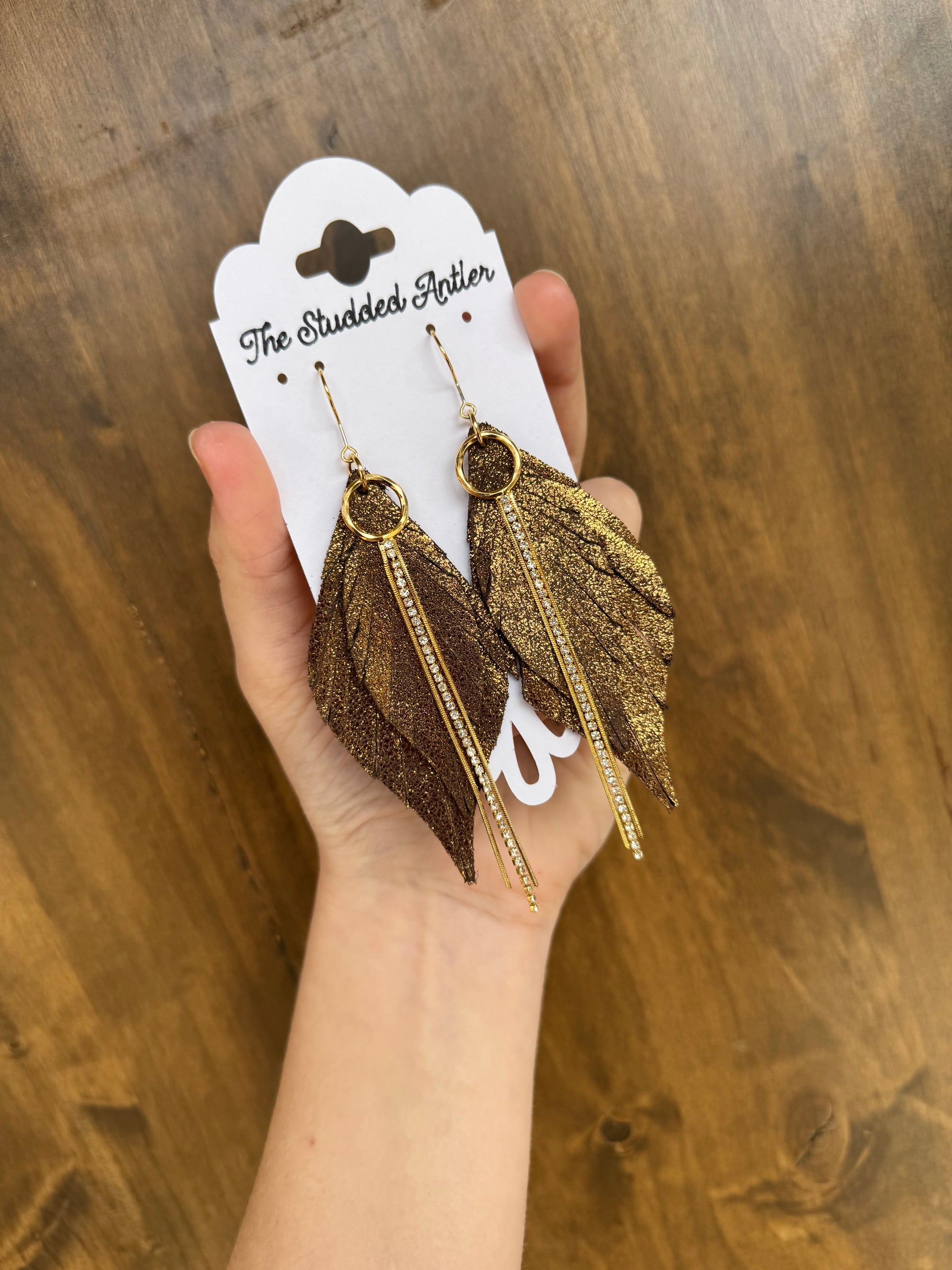 Bronze shimmer leather earrings with gold western style 