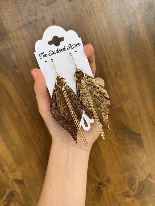 Bronze shimmer leather earrings with gold western style 