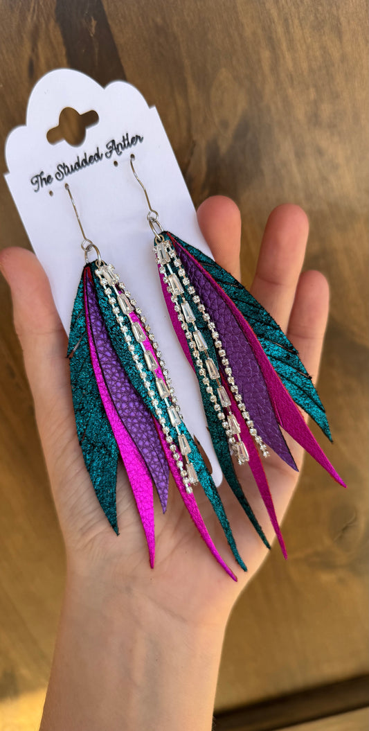 Fringe Feather Genuine Leather Earrings - Hot Pink, Dark Teal and Purple