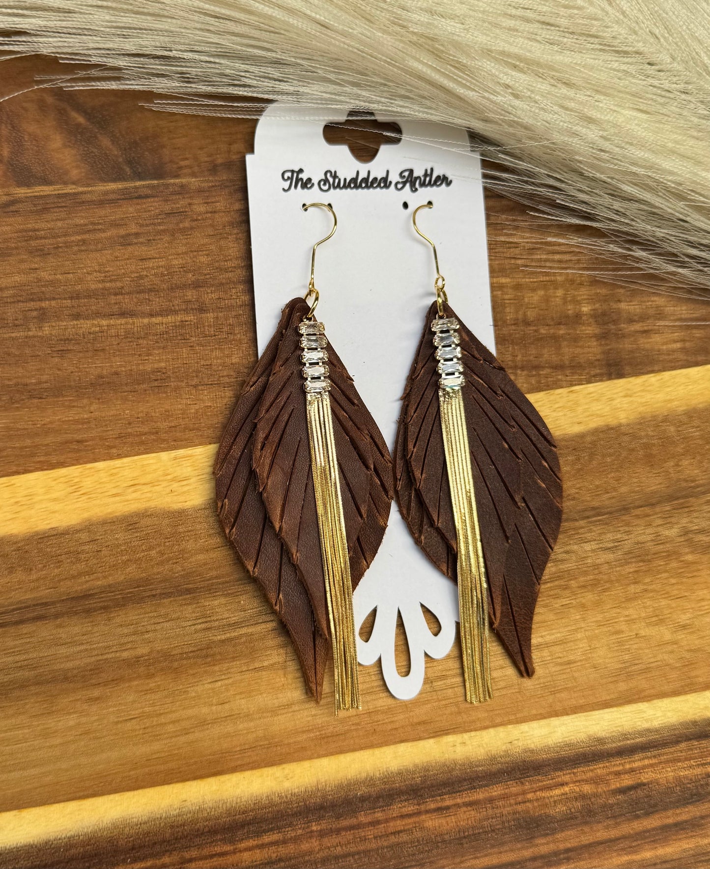 Dark brown leather earrings with gold - Handmade Hypoallergenic Leather Earrings with gold rhinestone tassel