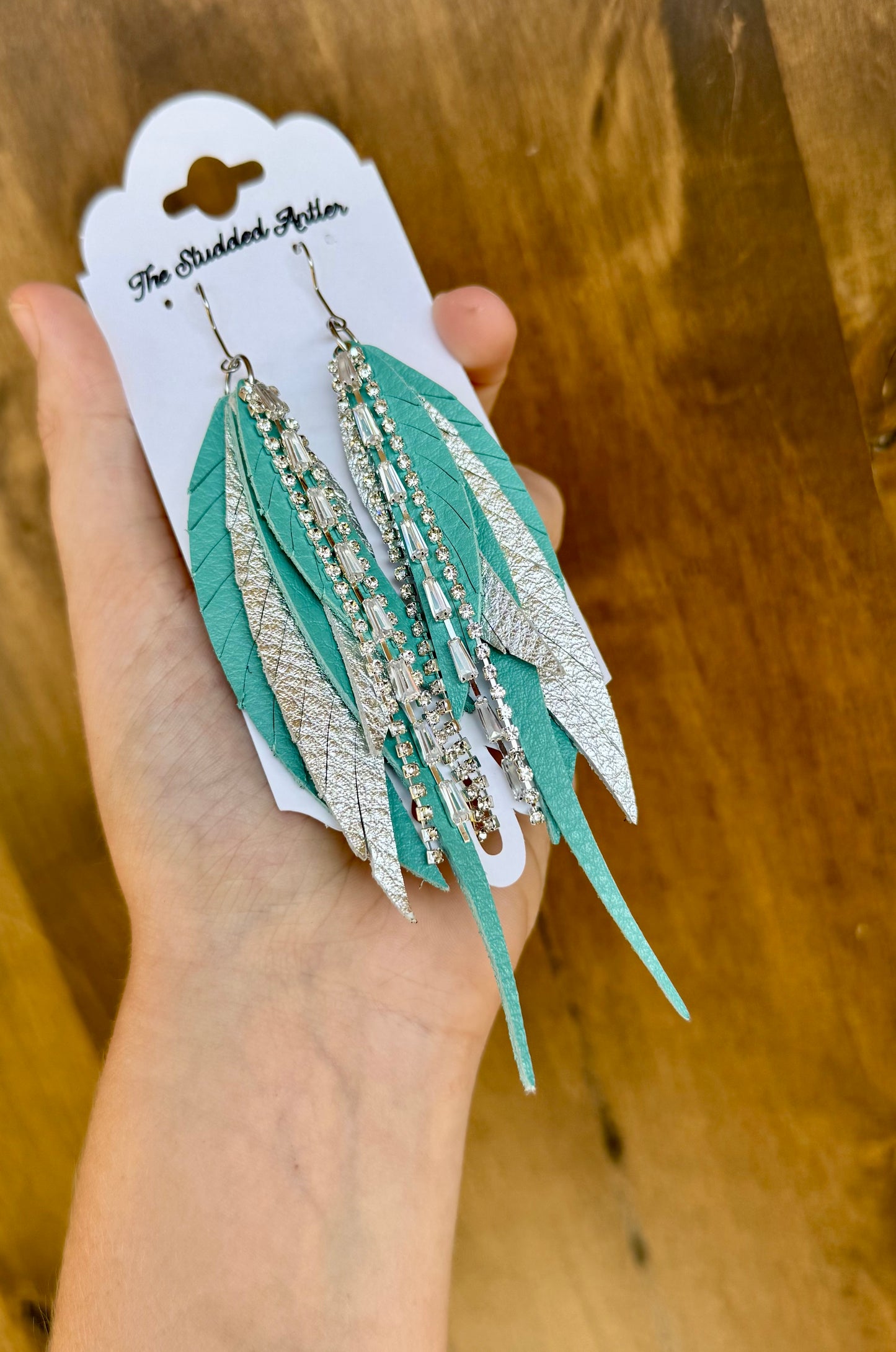 Aqua blue and Silver Handmade Hypoallergenic Leather feather Earrings