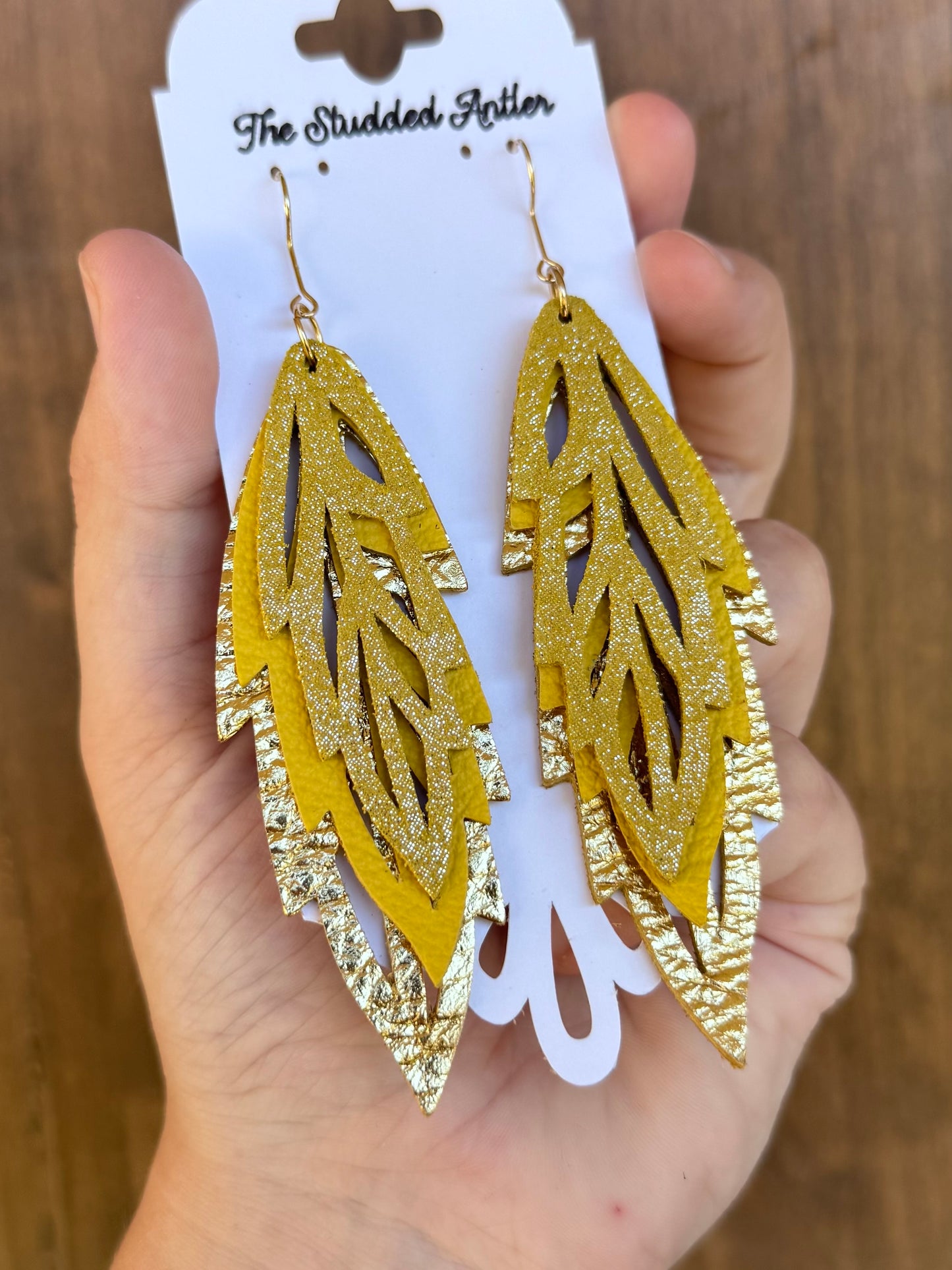 Handmade Hypoallergenic Metallic Gold and Yellow Sparkle Leather Earrings