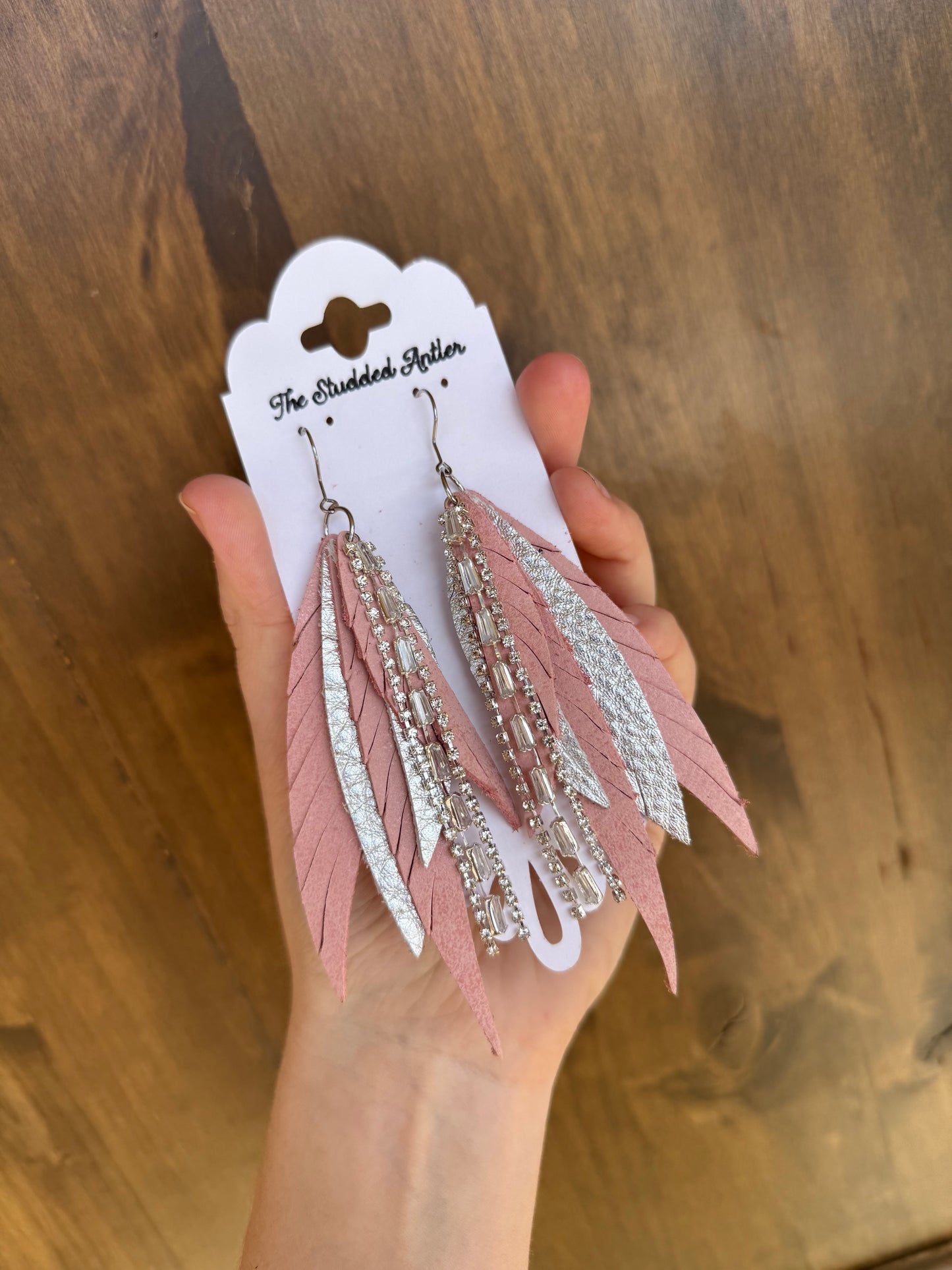 Fringe Feather Genuine Leather Earrings - Pink and Silver