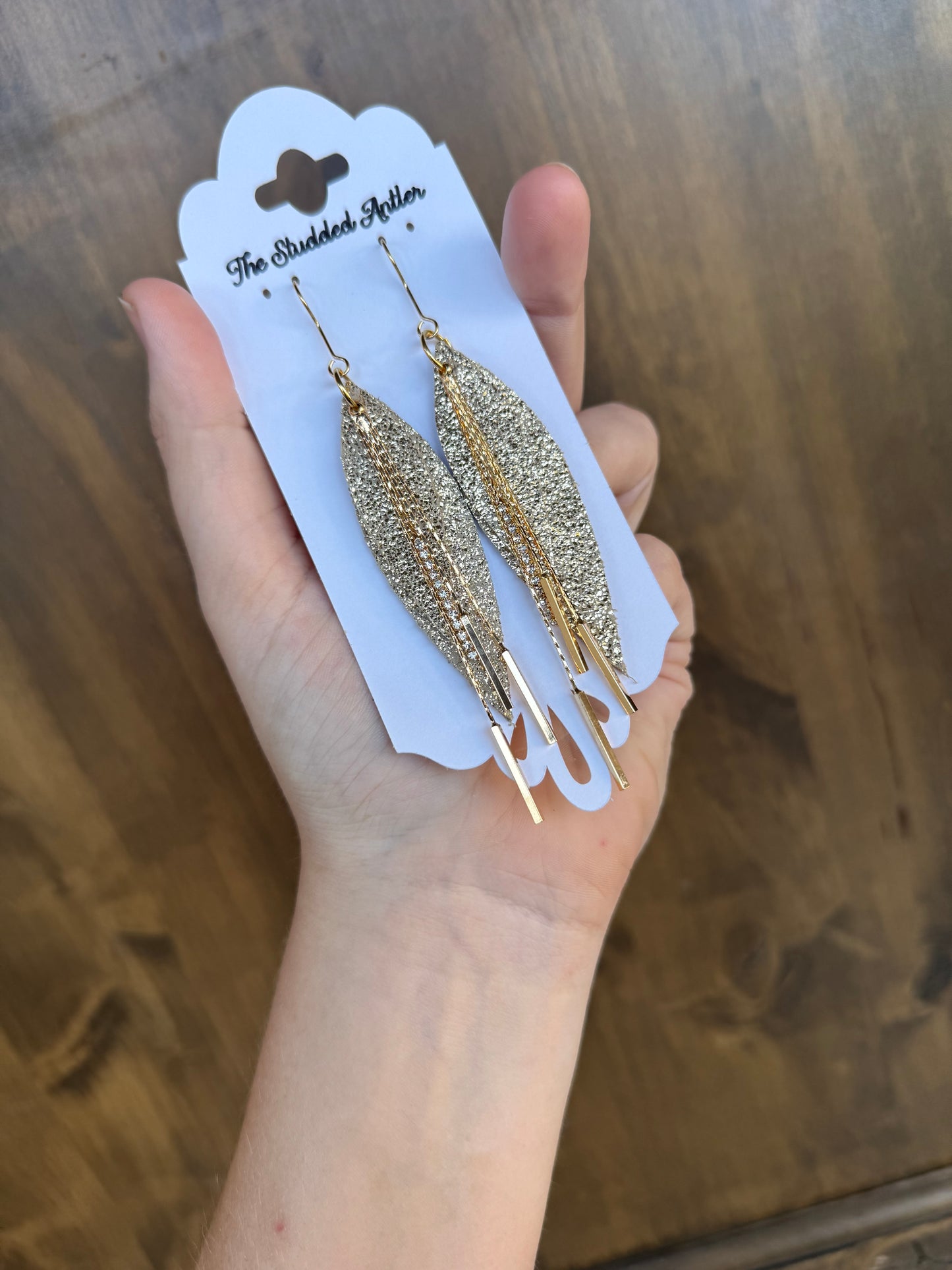 Gold with bling gold bars Handmade Hypoallergenic Leather Earrings