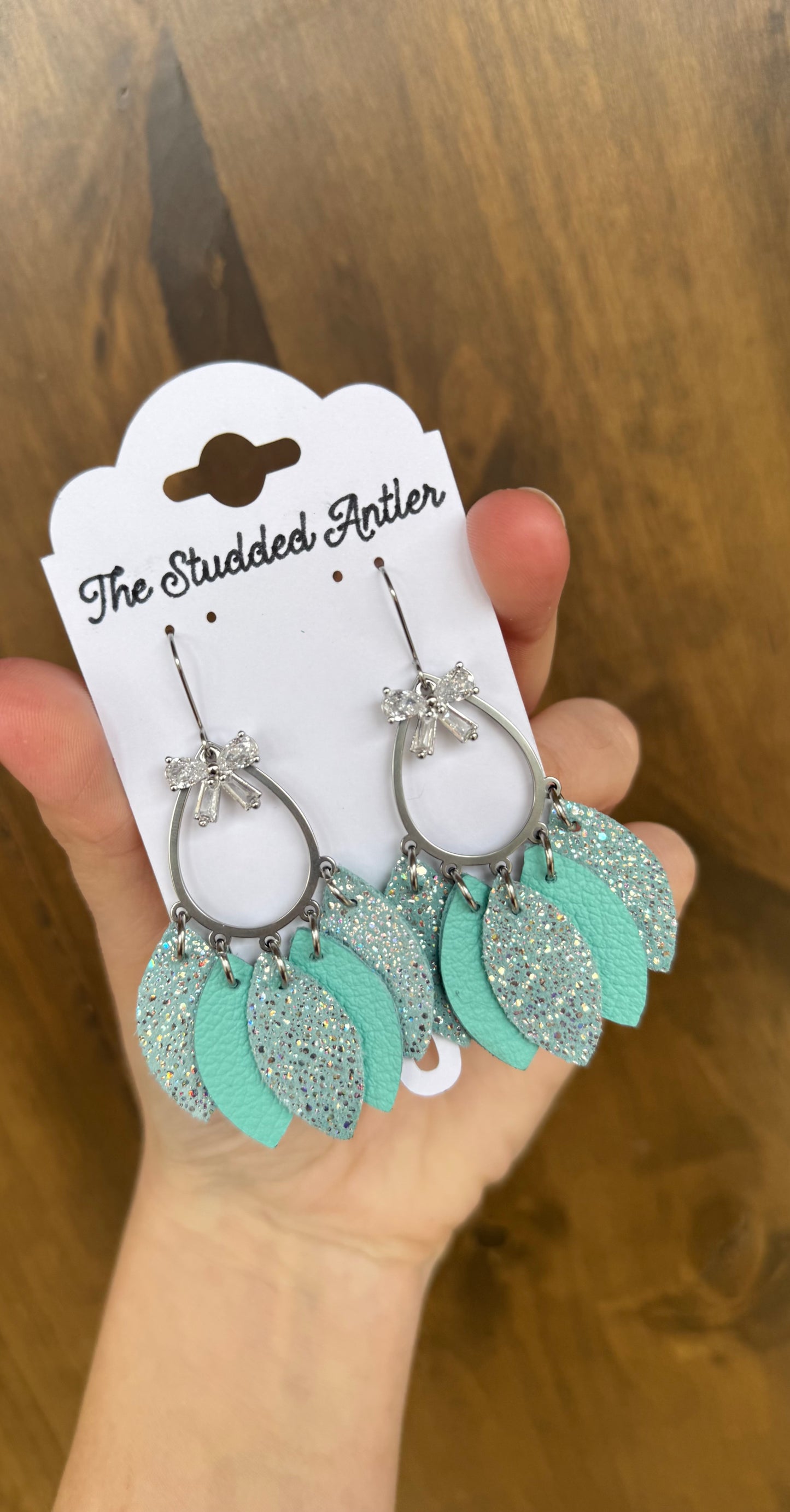 Teardrop Hoop Genuine Leather Earrings - Aqua Blue Sparkle