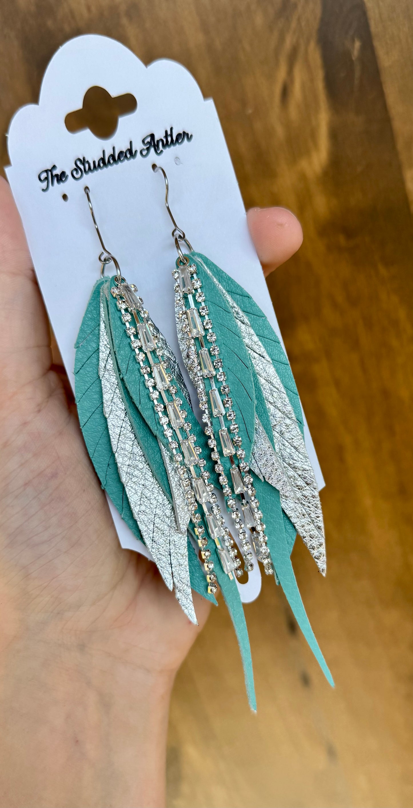 Aqua blue and Silver Handmade Hypoallergenic Leather feather Earrings