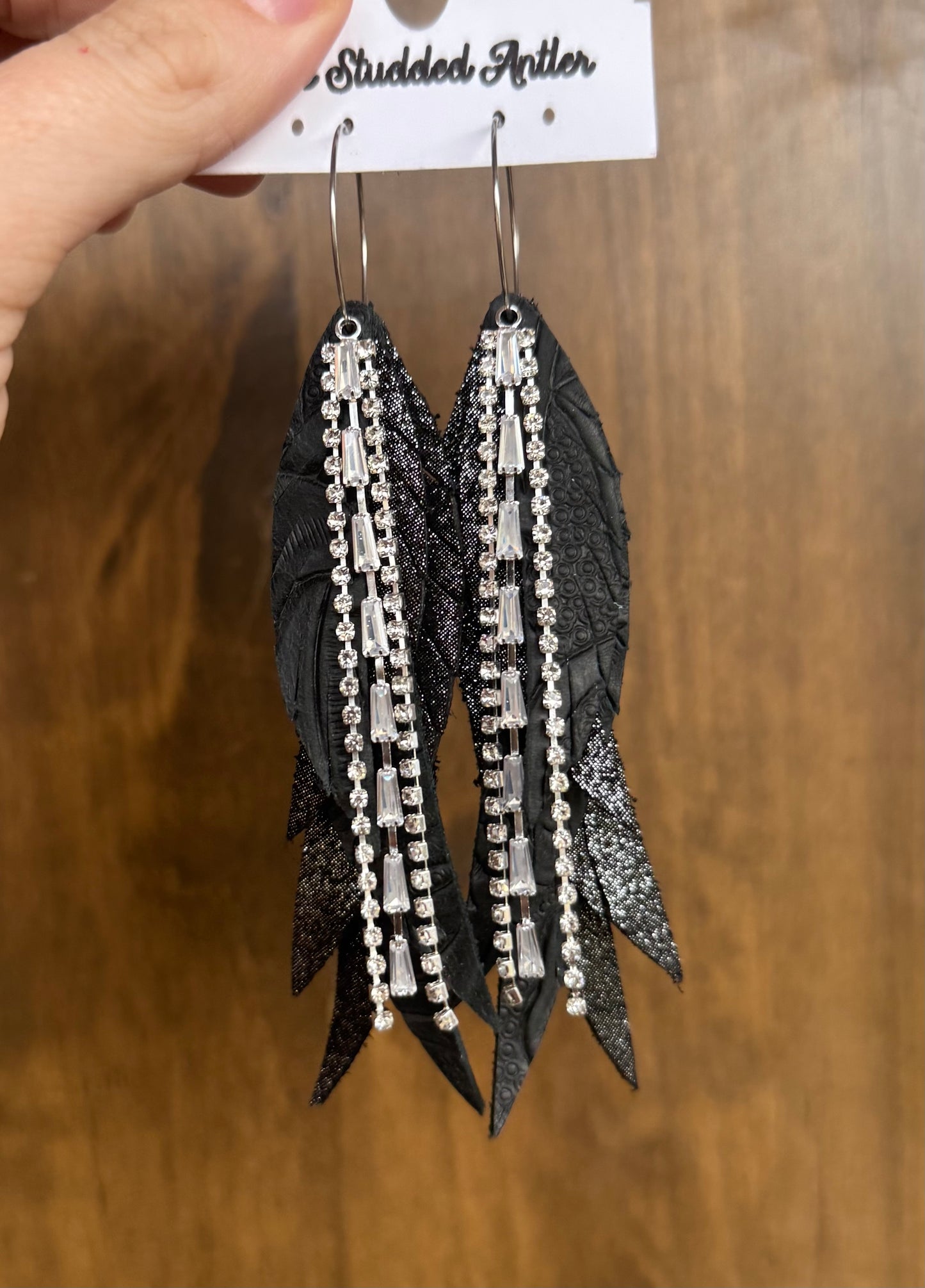 Black Tooled Handmade Hypoallergenic Leather Earrings with Silver Rhinestone Dangles