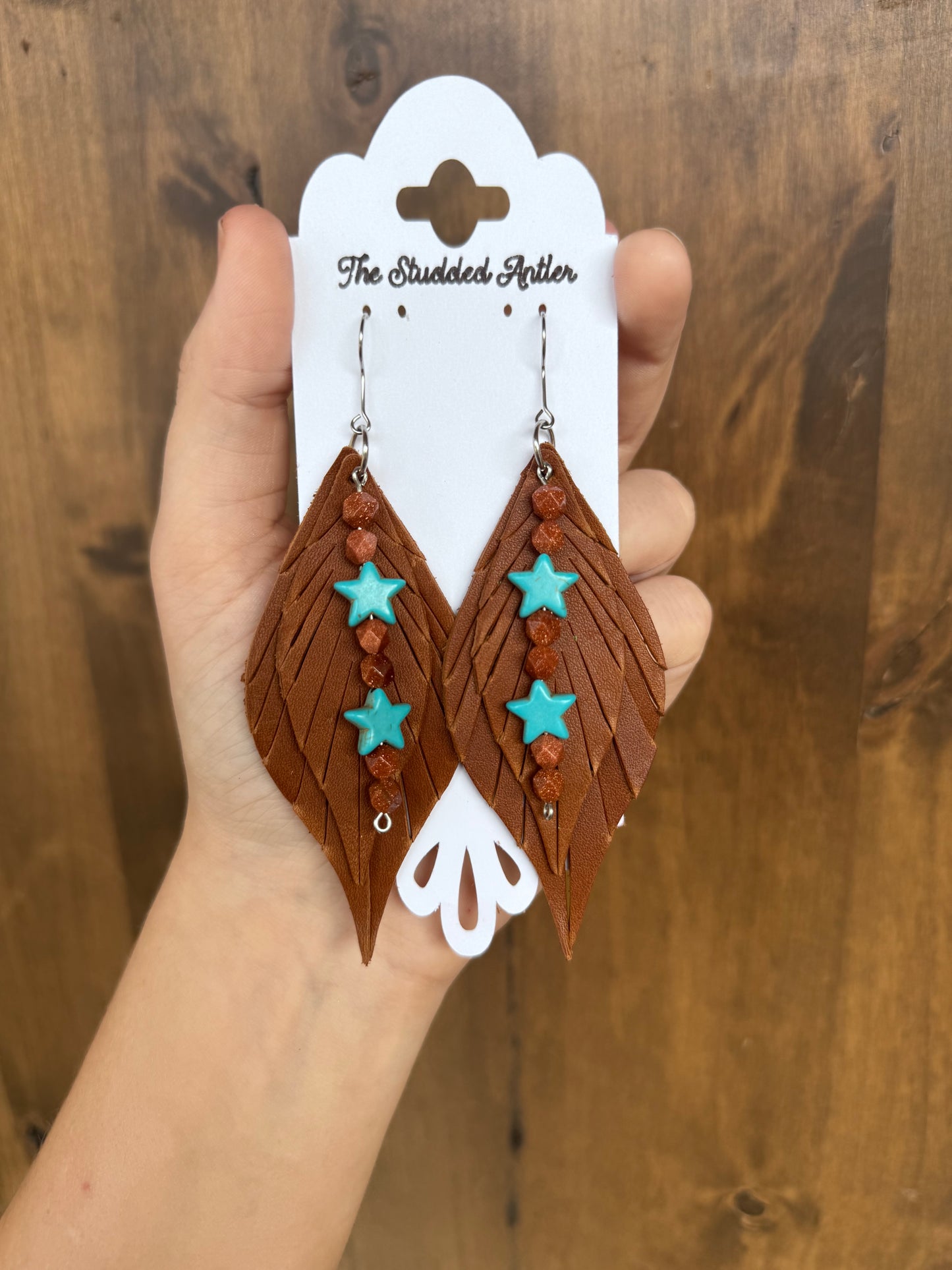 Brown Handmade Hypoallergenic Leather Earrings with Hand Beaded Faux Turquoise Star Accents