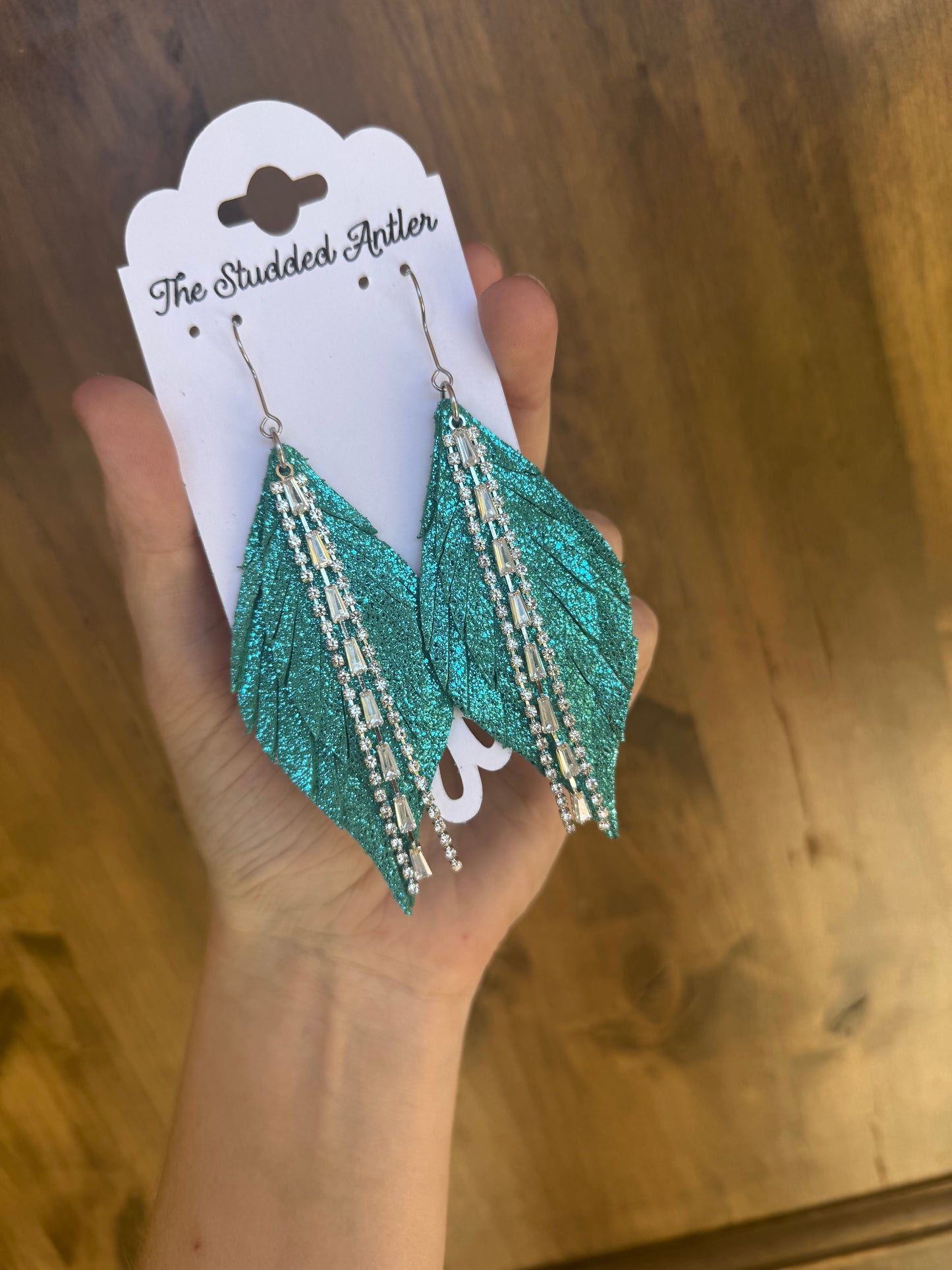 Fringe Feather Leather Earrings 
- Women’s NFR Western leather Earrings - Turquoise Blue and Silver Rhinestones
