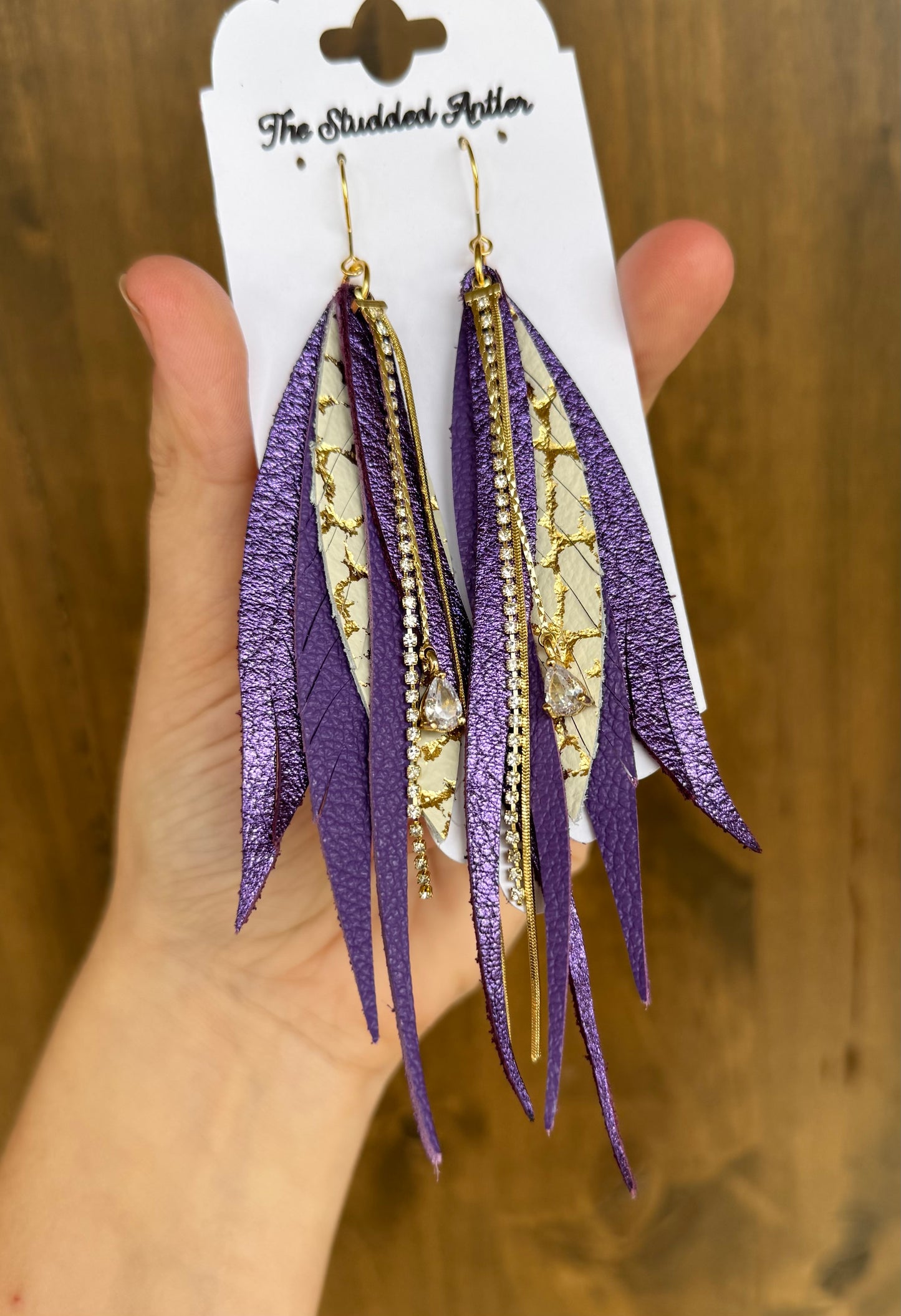 Purple and Gold Handmade Hypoallergenic Leather Earrings with Gold Rhinestone Tassels