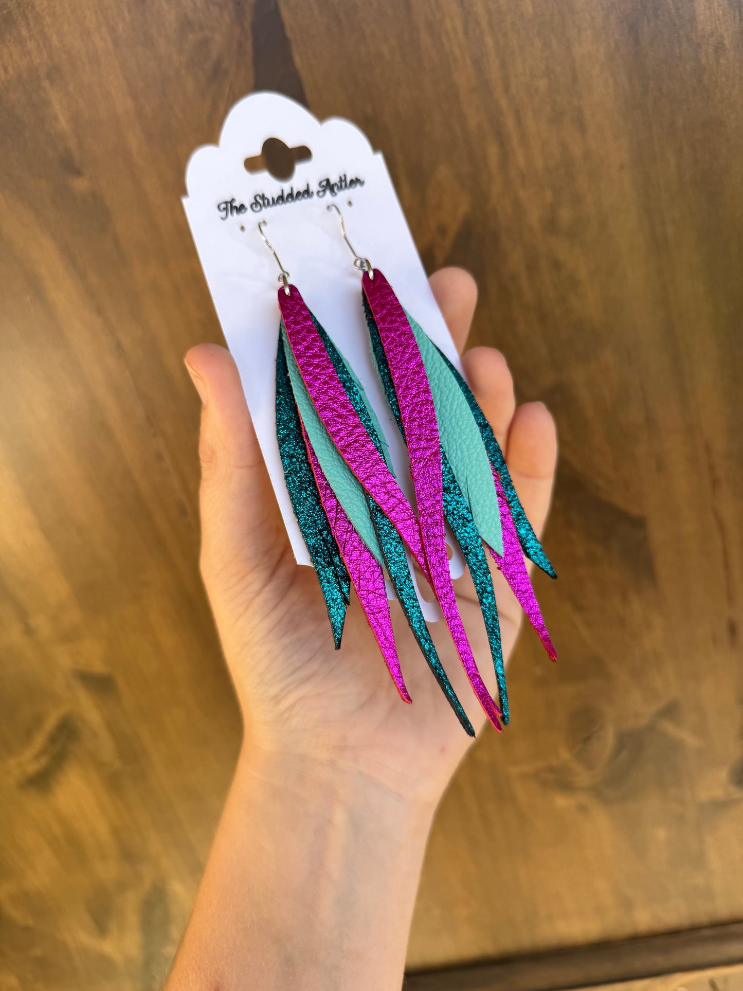 Dark teal shimmer, Hot pink and aqua blue Handmade Hypoallergenic Leather feather Earrings