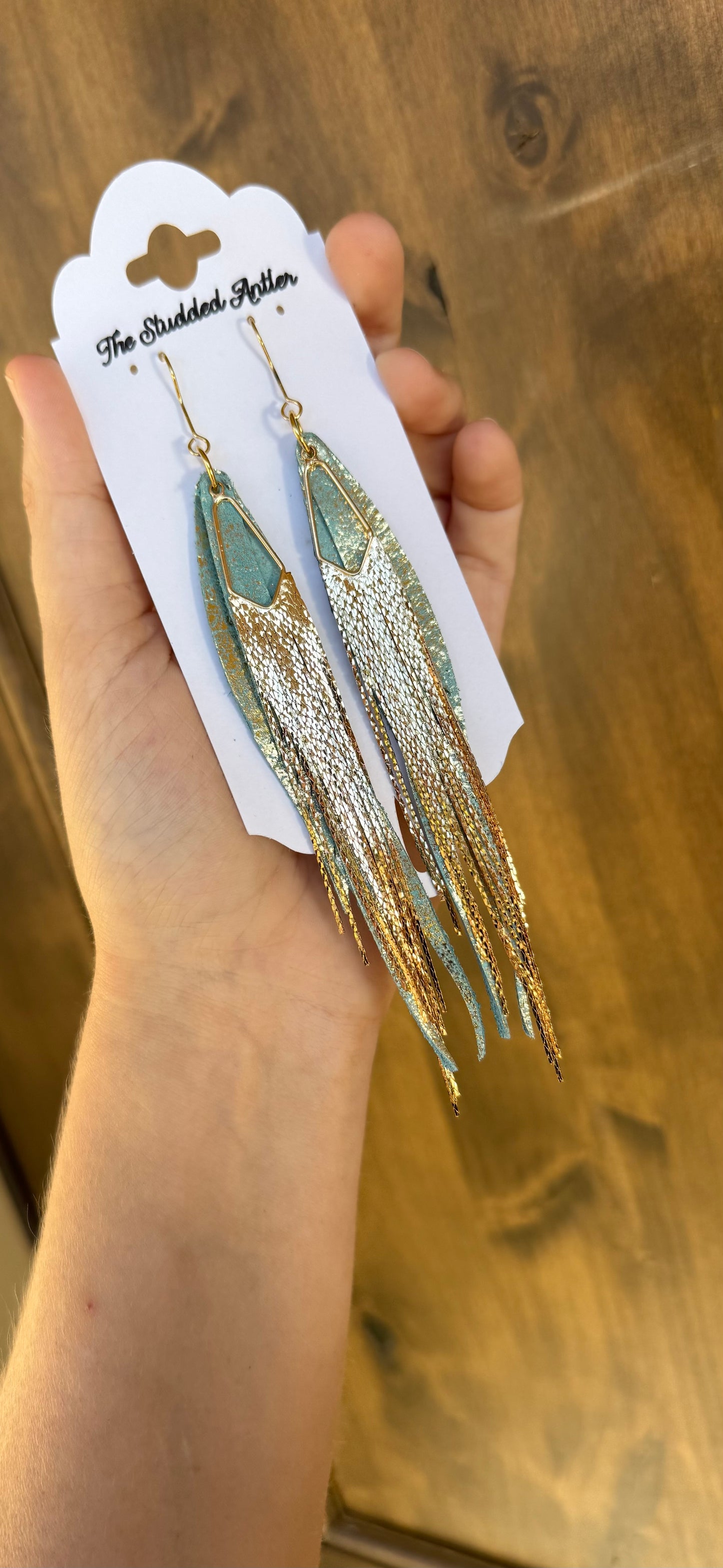 Blue and gold shimmer with gold waterfall tassels -hypoallergenic handmade leather feather Earrings