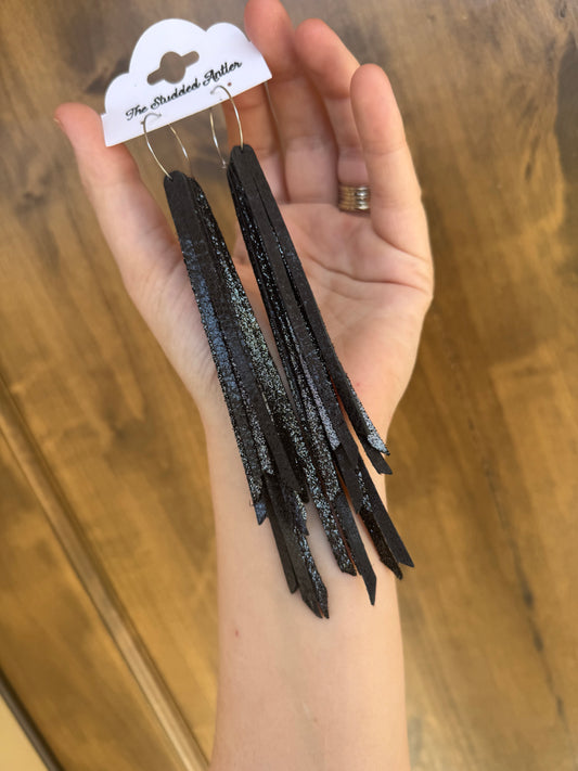 Fringe feather Leather Earrings - Western Boho Style Leather Earrings - Black sparkle