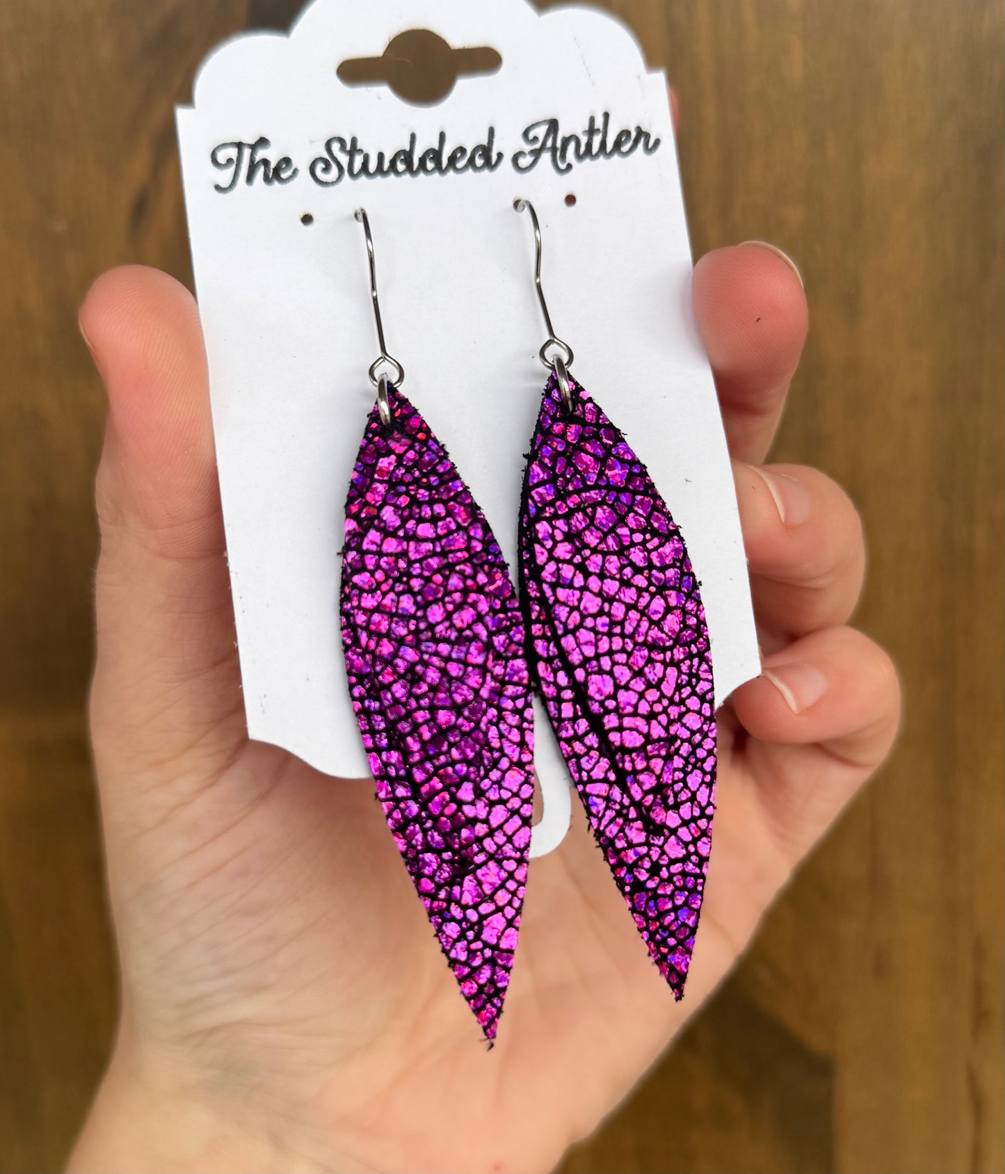 Hot Pink Handmade Hypoallergenic Leather Earrings with Crackle