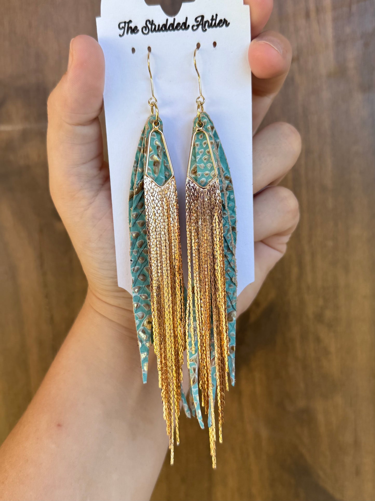 Handmade Hypoallergenic Mint Blue and Gold Embossed Leather Earrings with Gold Metal Tassels
