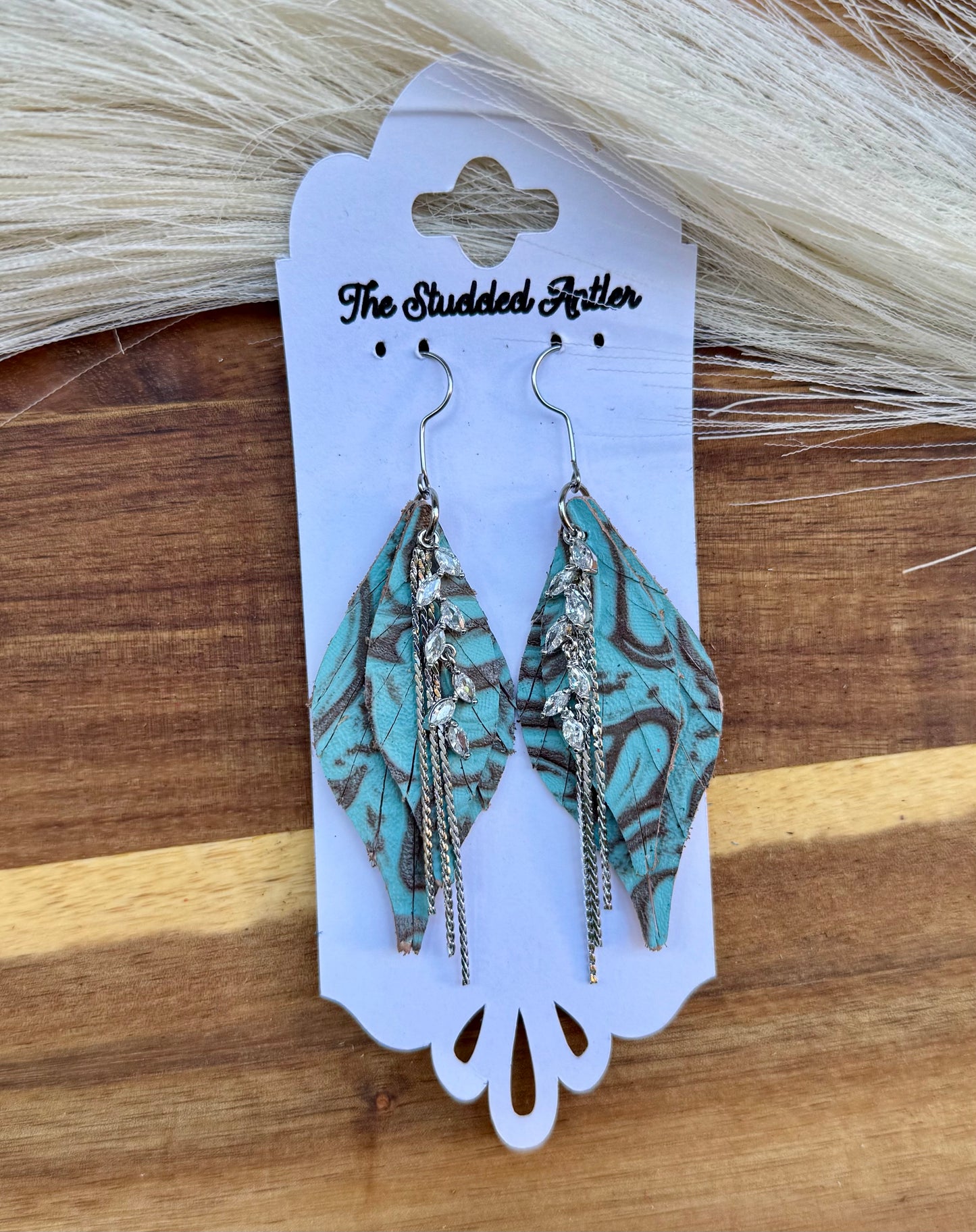 Blue and Brown Tooled leather with silver rhinestone and chain - Handmade Hypoallergenic Leather Earrings