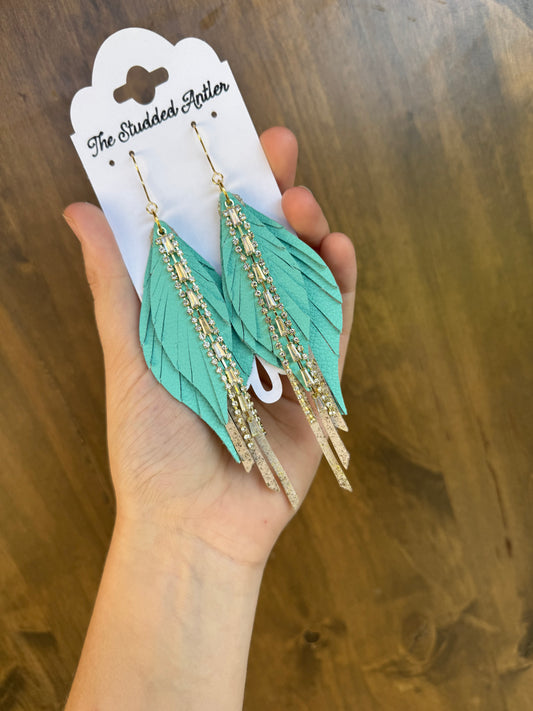 Fringe Feather Genuine Leather Earrings - Aqua Blue and Gold