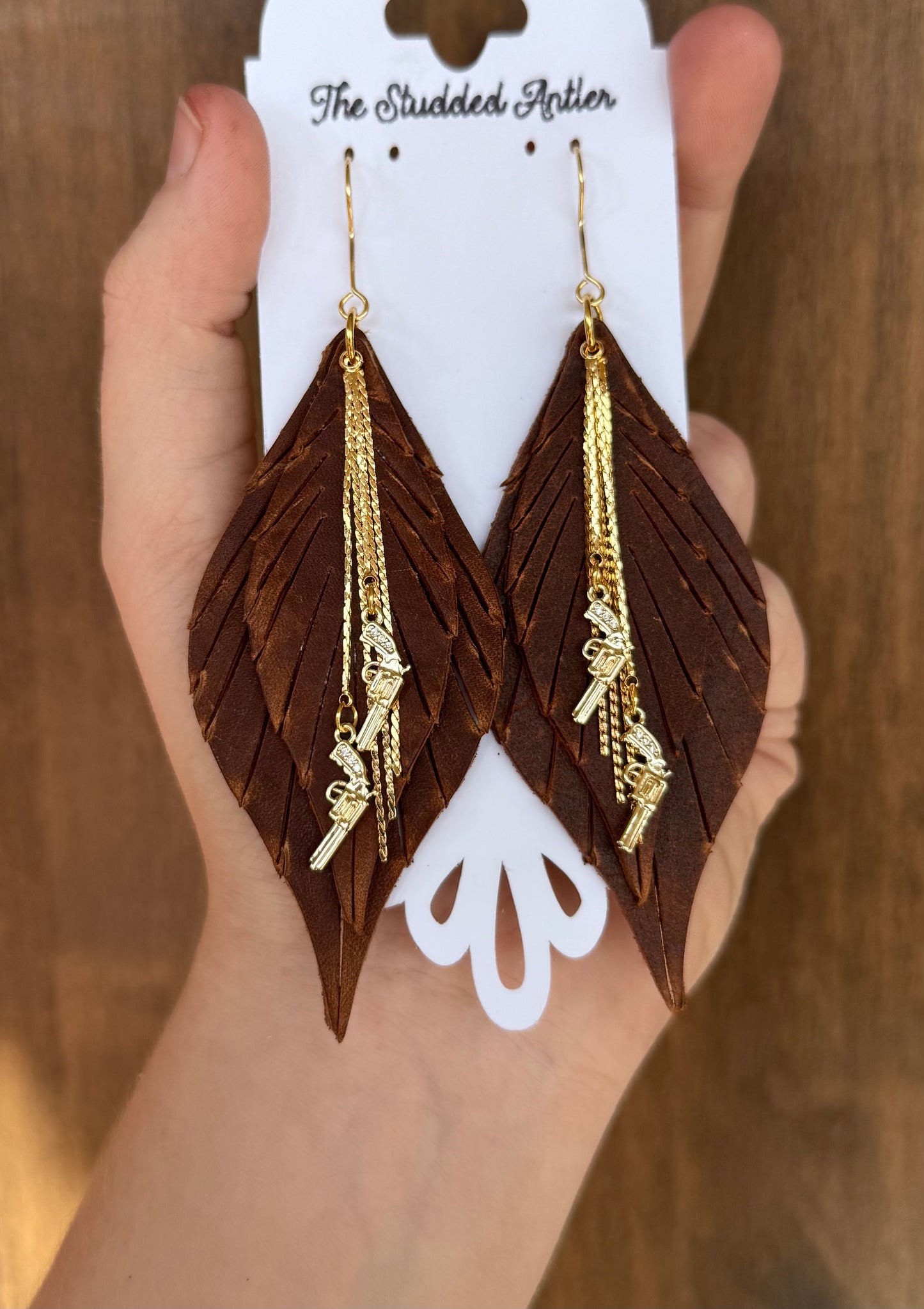 Handmade Hypoallergenic Brown Leather Earrings with Gold Plated CZ Pistols