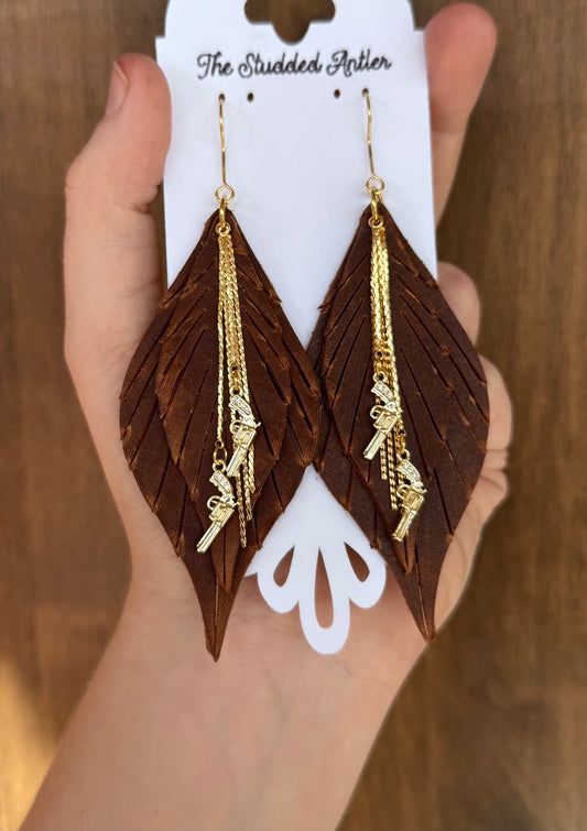 Handmade Hypoallergenic Brown Leather Earrings with Gold Plated CZ Pistols