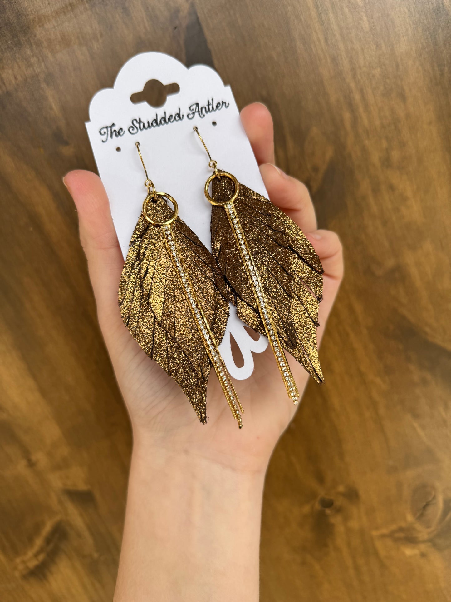 Brown and gold leather earrings western style rhinestone tassels 
