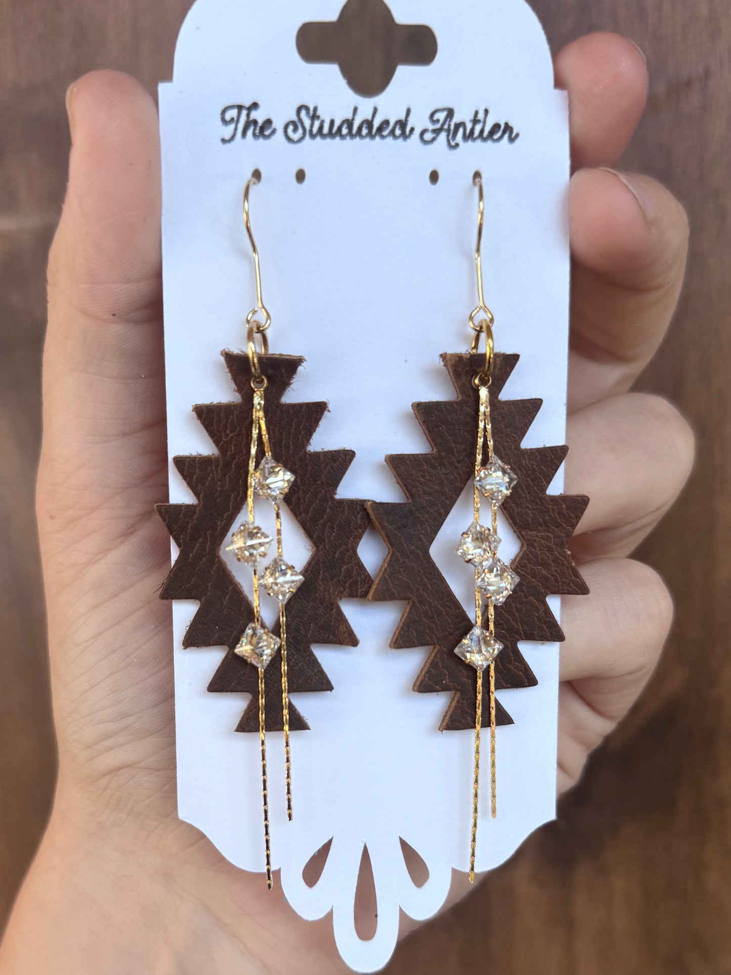 Handmade Hypoallergenic Brown Leather Earrings with Gold Plated Rhinestone Tassels