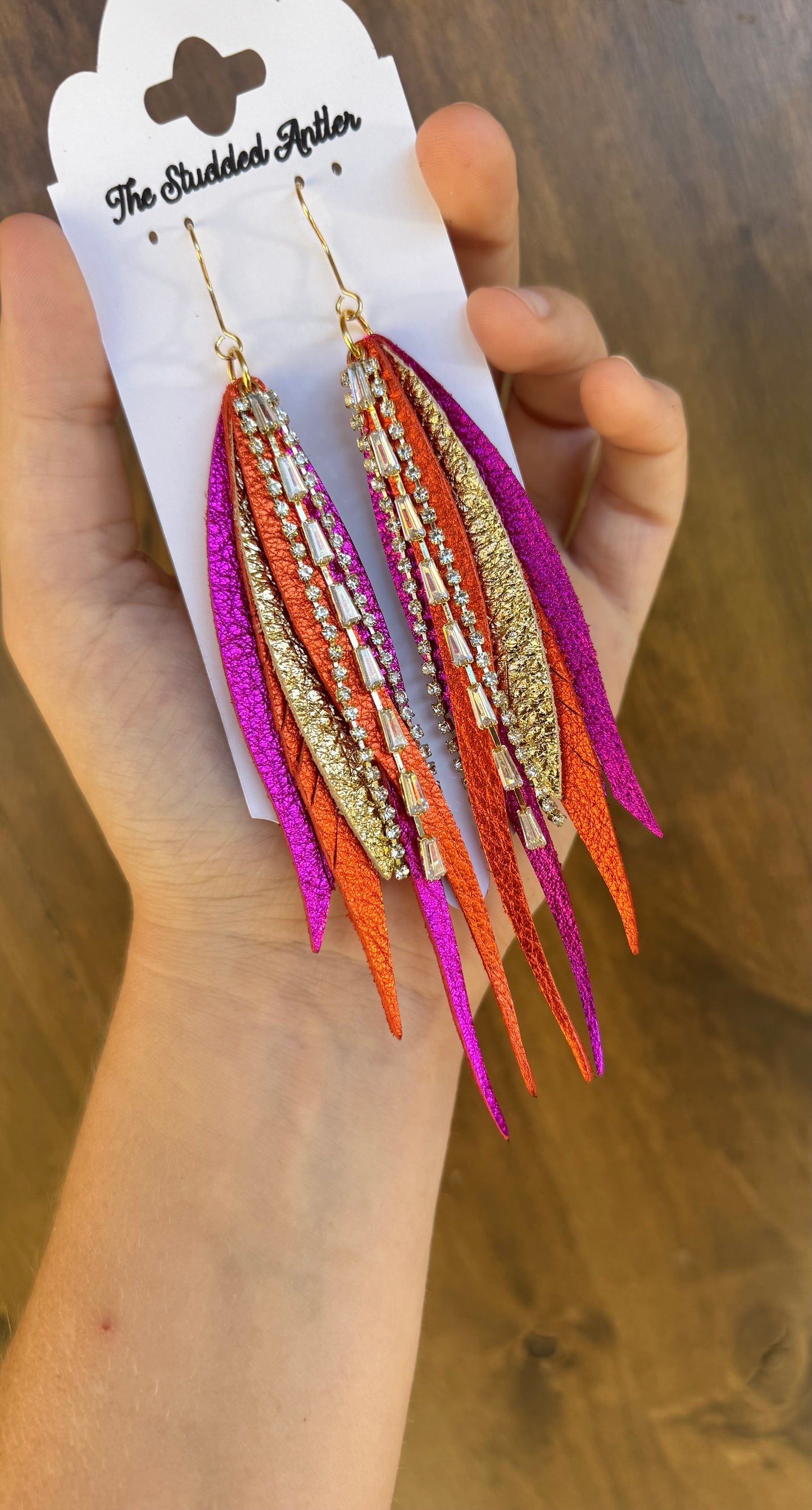 Hot pink Orange and Pink and Gold metallic Handmade Hypoallergenic Leather feather Earrings