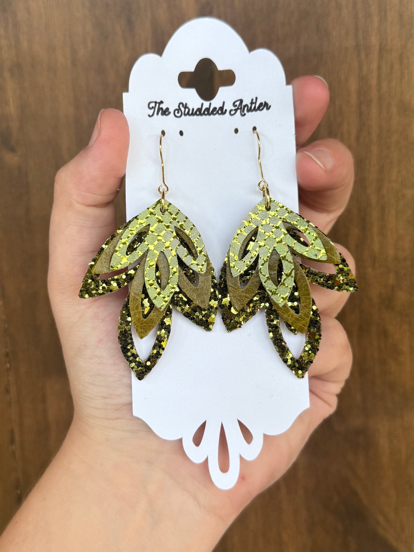 Handmade Hypoallergenic Olive Green Glitter and Metallic Leather Earrings