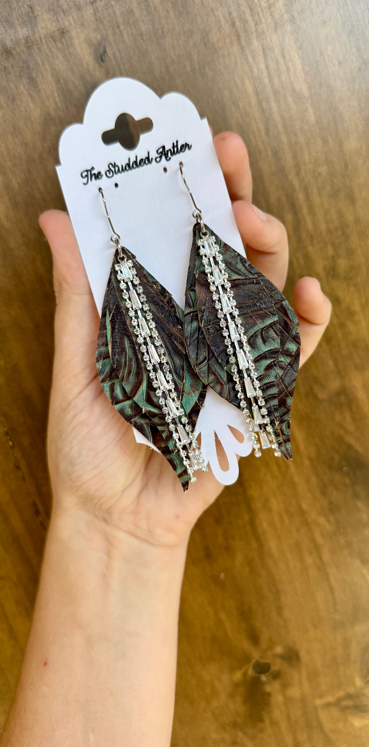 Brown and Aqua Blue Tooled leather earrings - Handmade Hypoallergenic Leather Earrings with silver rhinestone tassel