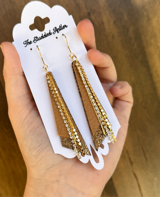 Fringe feather Leather Earrings - Western Boho Style Leather Earrings - Bronze and gold