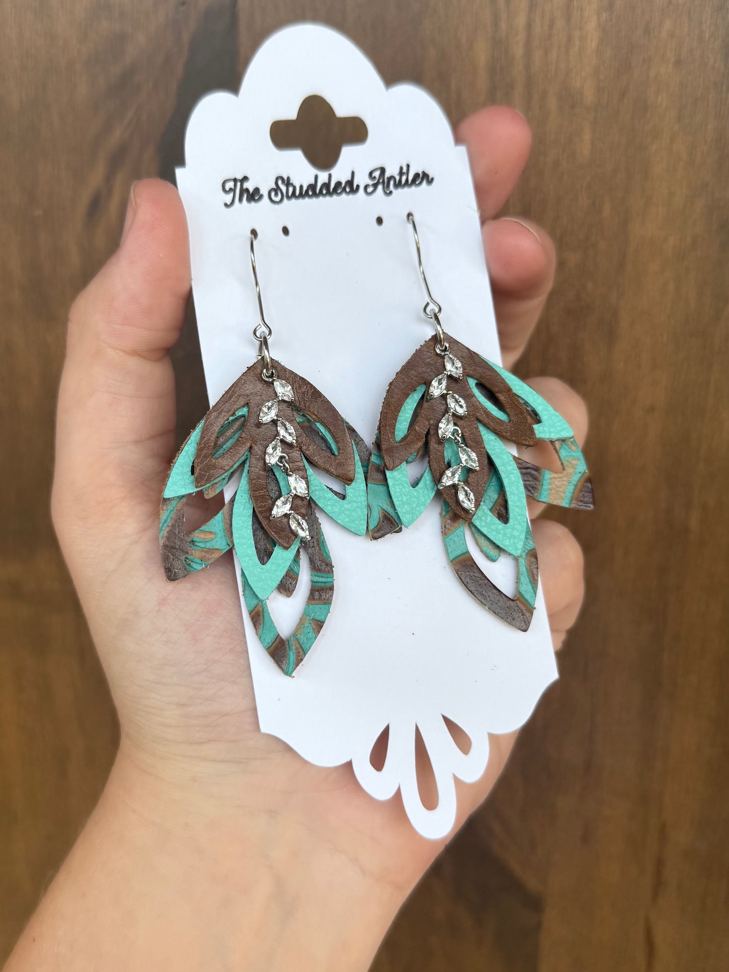 Handmade Hypoallergenic Aqua Blue and Brown Tooled Leather Earrings with Silver CZ Rhinestone Charms