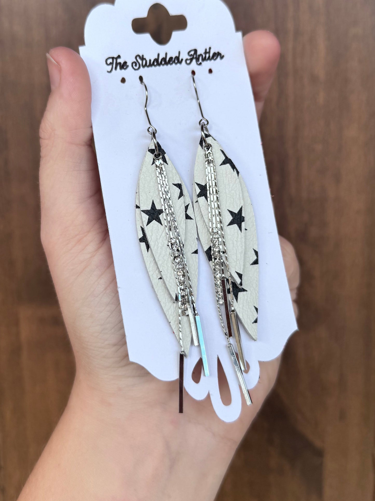 White with Black Stars Handmade Hypoallergenic Leather Earrings with Silver Bar Rhinestone Tassels