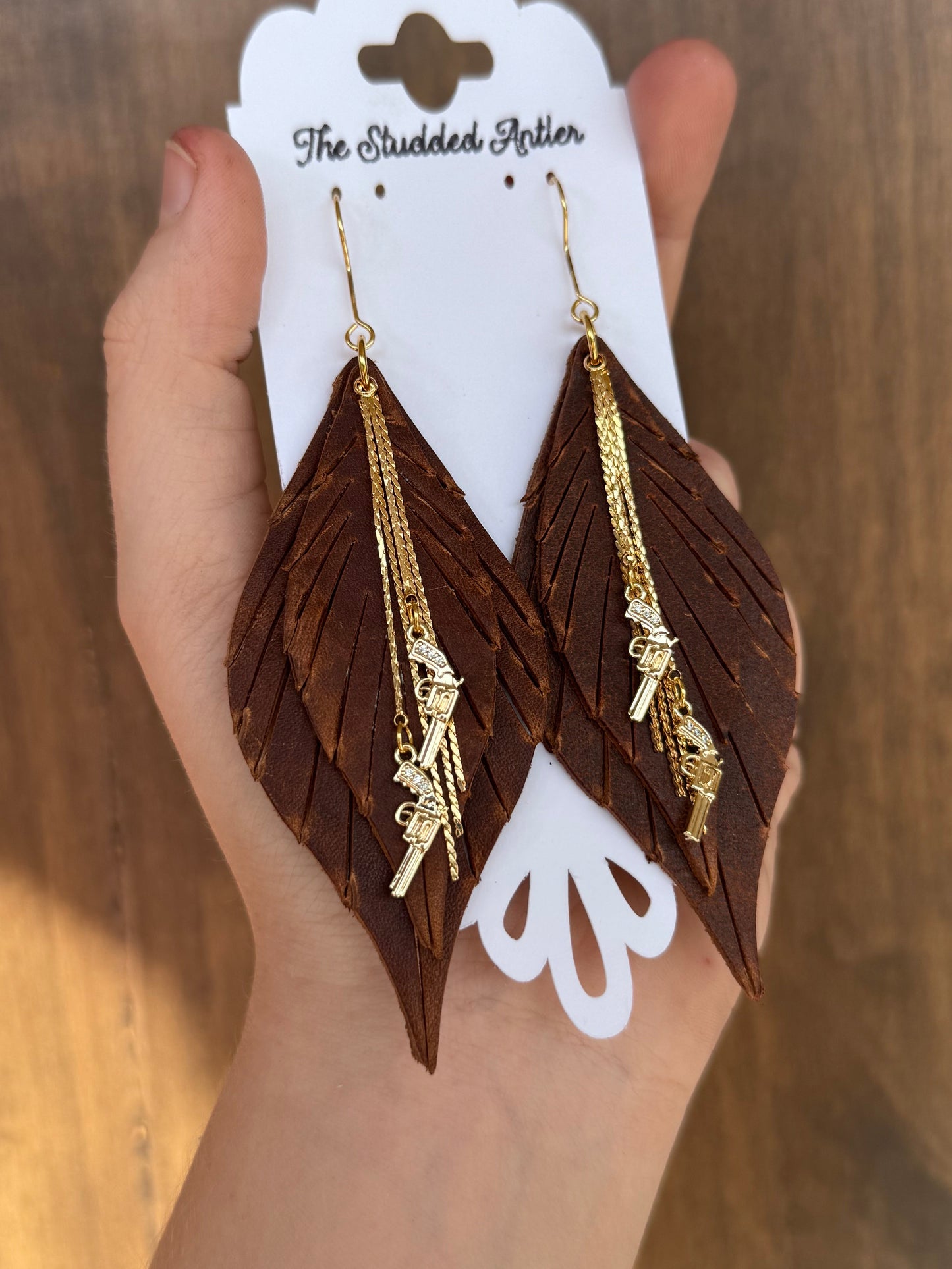 Handmade Hypoallergenic Brown Leather Earrings with Gold Plated CZ Pistols