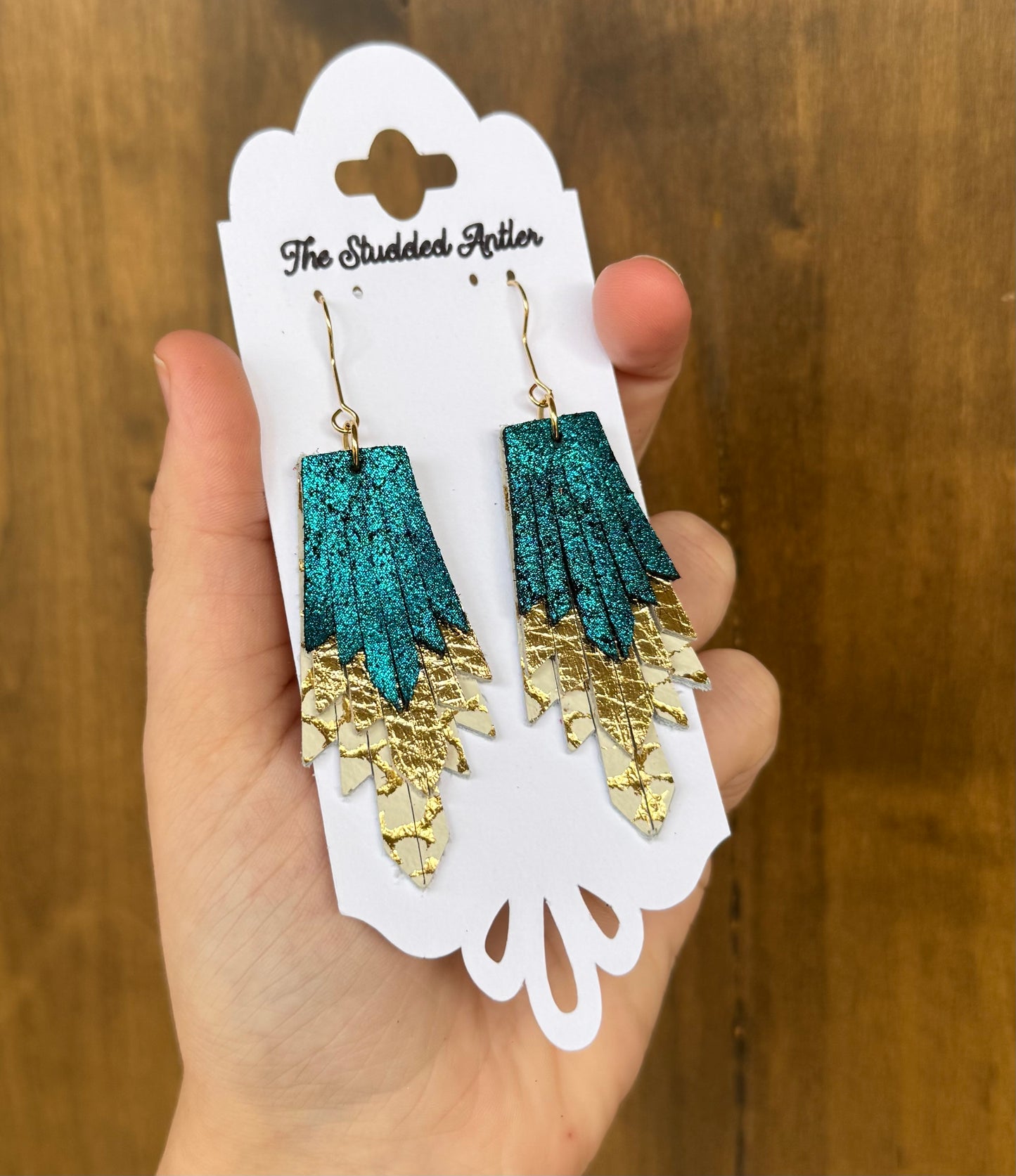 Blue teal and Gold Metallic Handmade Hypoallergenic Leather Earrings