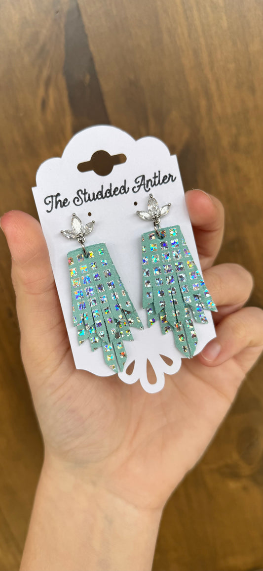 Fringe Feather Genuine Leather Earrings - Mint Blue Holgraphic Squares