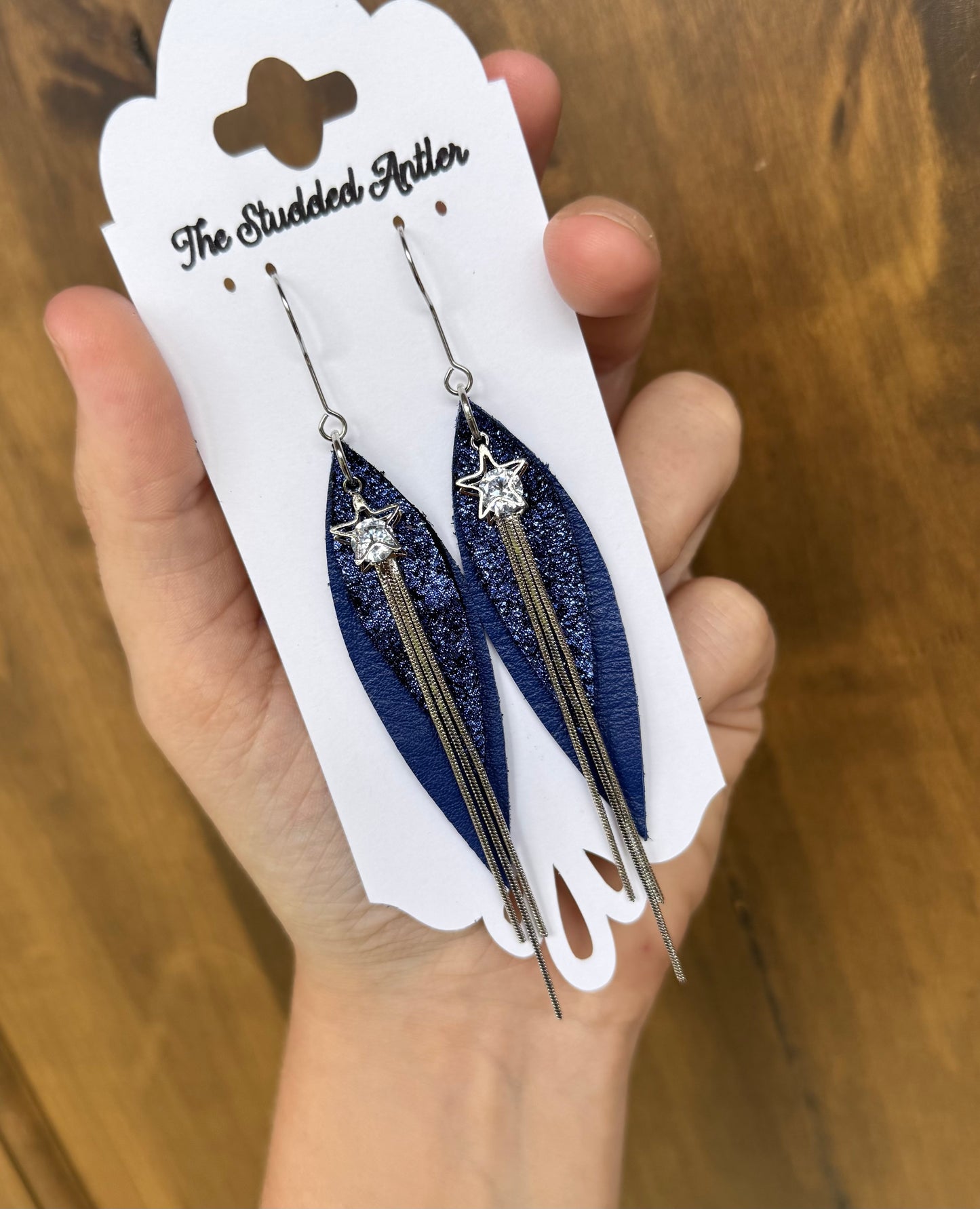 Dark indigo leather with rhinestone silver stars - Handmade Hypoallergenic Leather Earrings