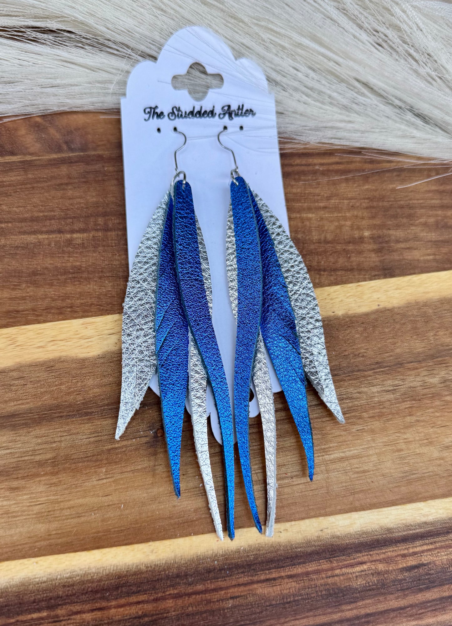 Royal Blue and Silver Handmade Hypoallergenic Leather feather Earrings