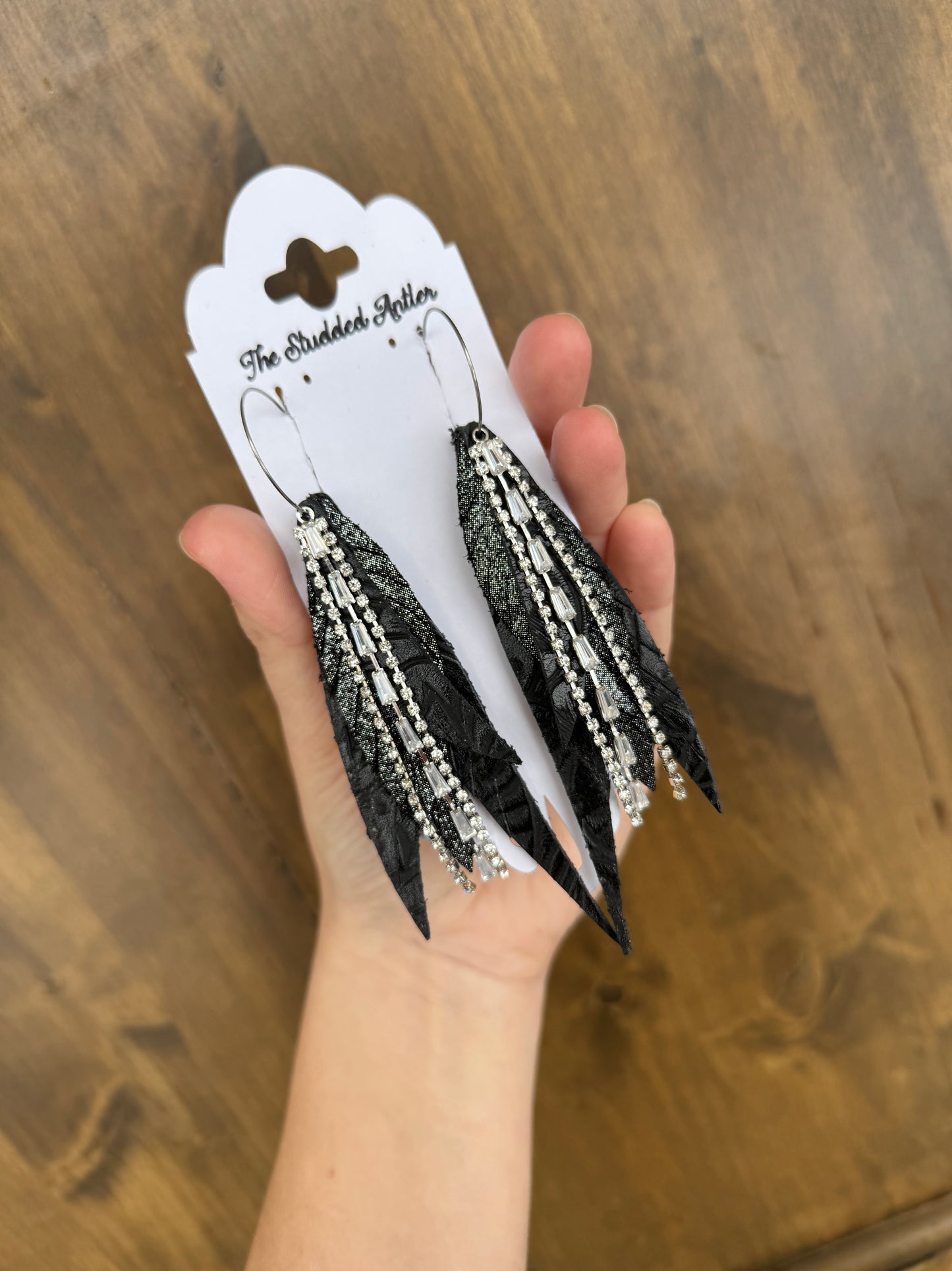 Western Style Leather Earrings - Fringe Feather Leather Earrings - Black and Silver