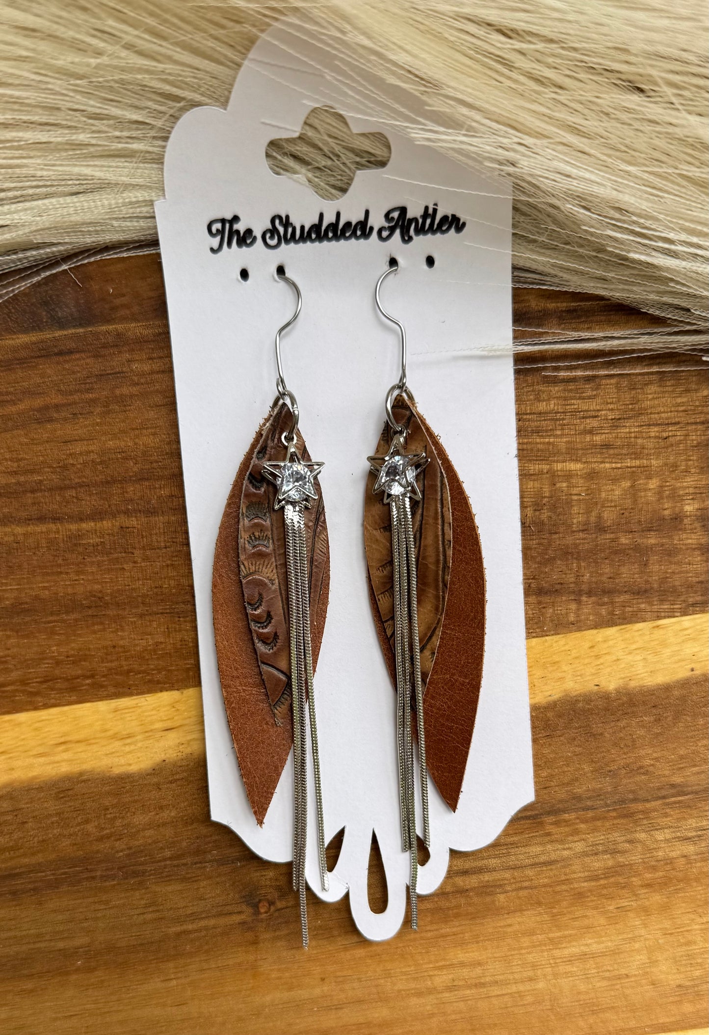 Light Brown Tooled  leather with rhinestone silver stars - Handmade Hypoallergenic Leather Earrings