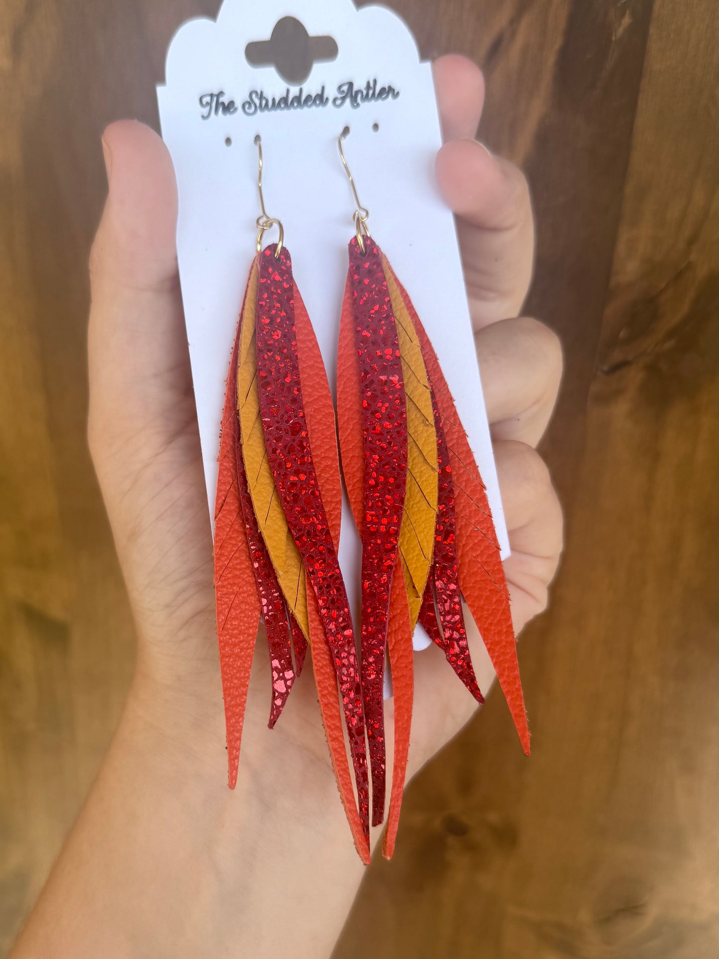 Handmade Hypoallergenic Red Holographic, Yellow and Orange  Leather Earrings